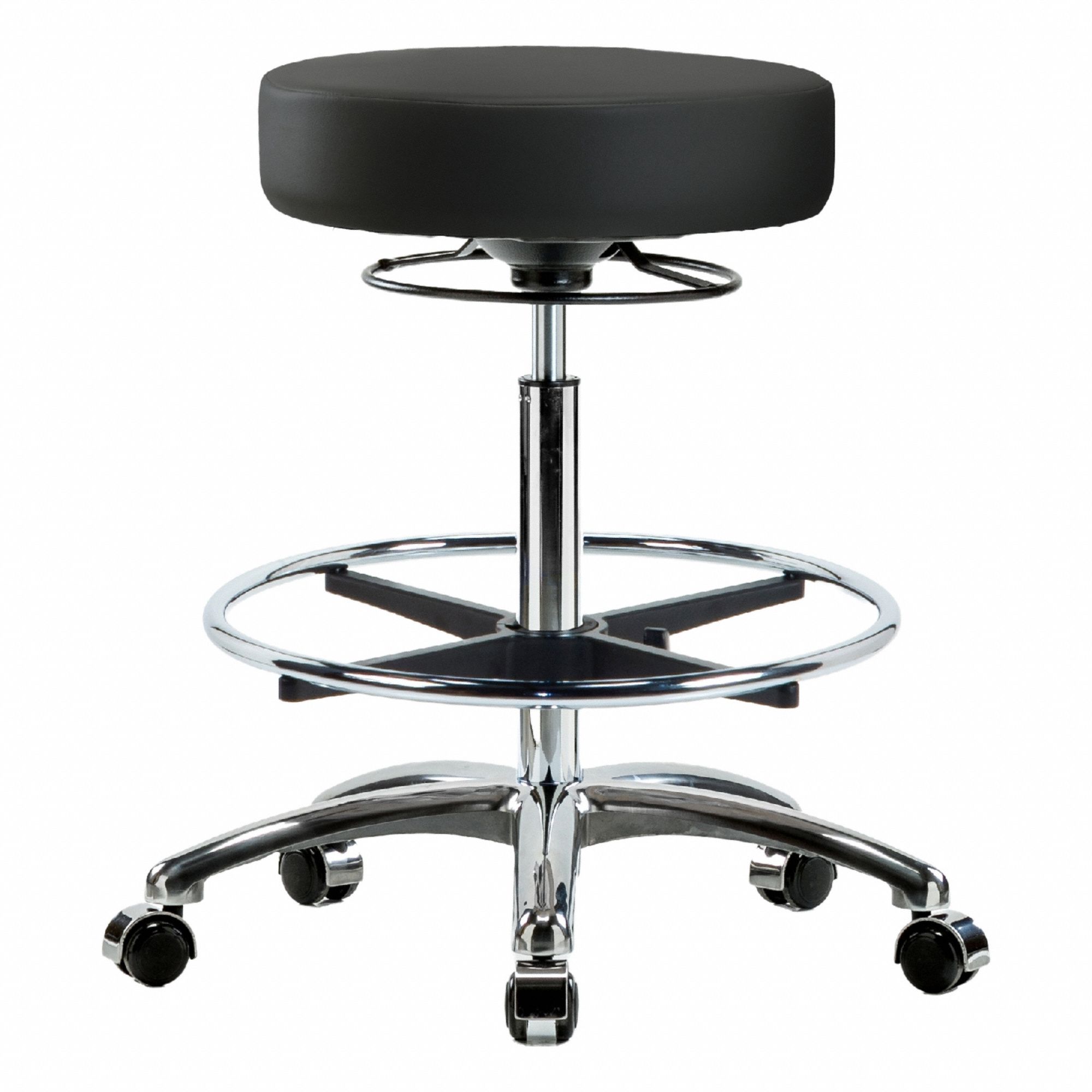 Stool: Vinyl, Ht Range 25 1/2 in to 35 1/4 in, 17 in Seat Wd, 17 in Seat Dp, 0 Glides, 5 Casters