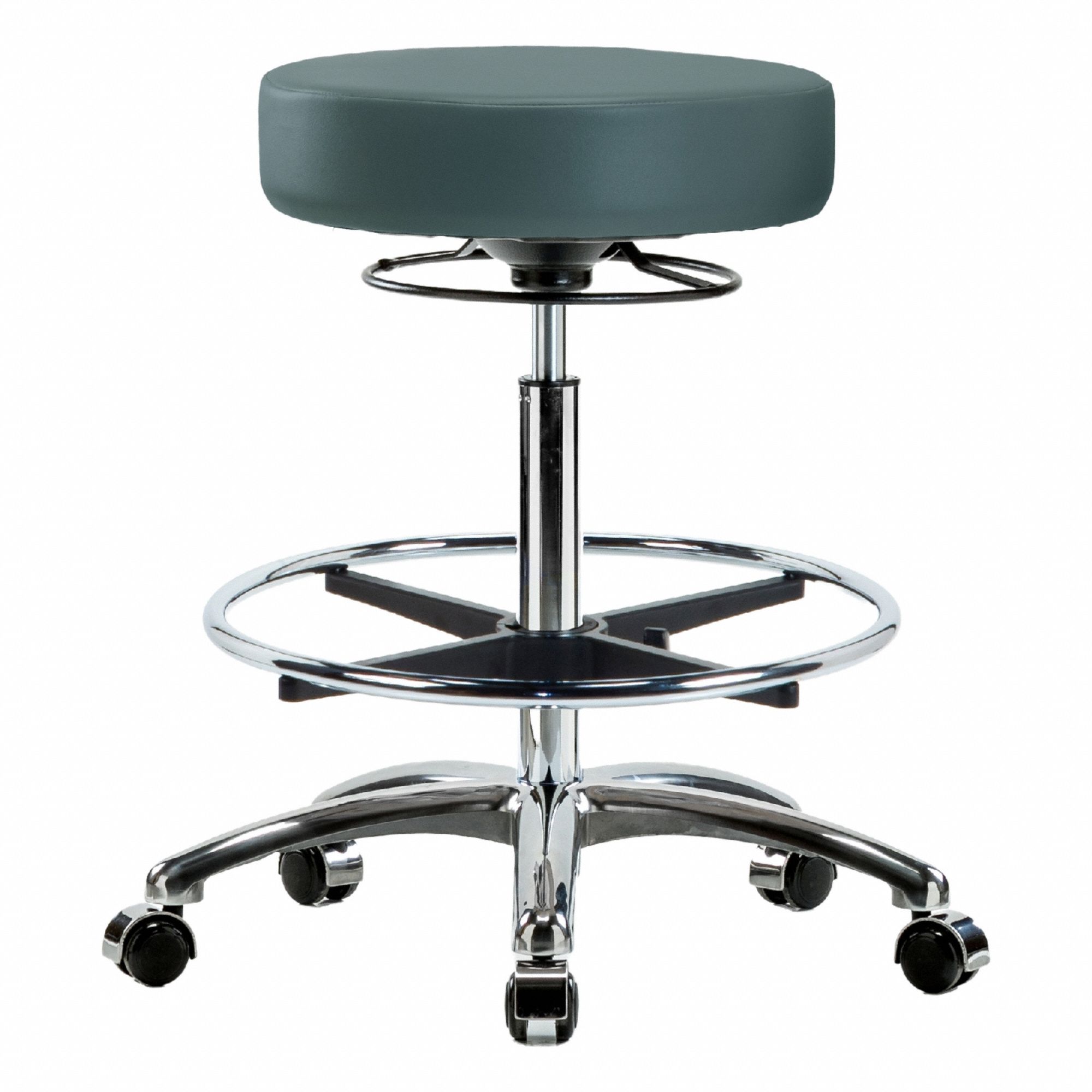 Stool: Vinyl, Ht Range 25 1/2 in to 35 1/4 in, 17 in Seat Wd, 17 in Seat Dp, 0 Glides, 5 Casters