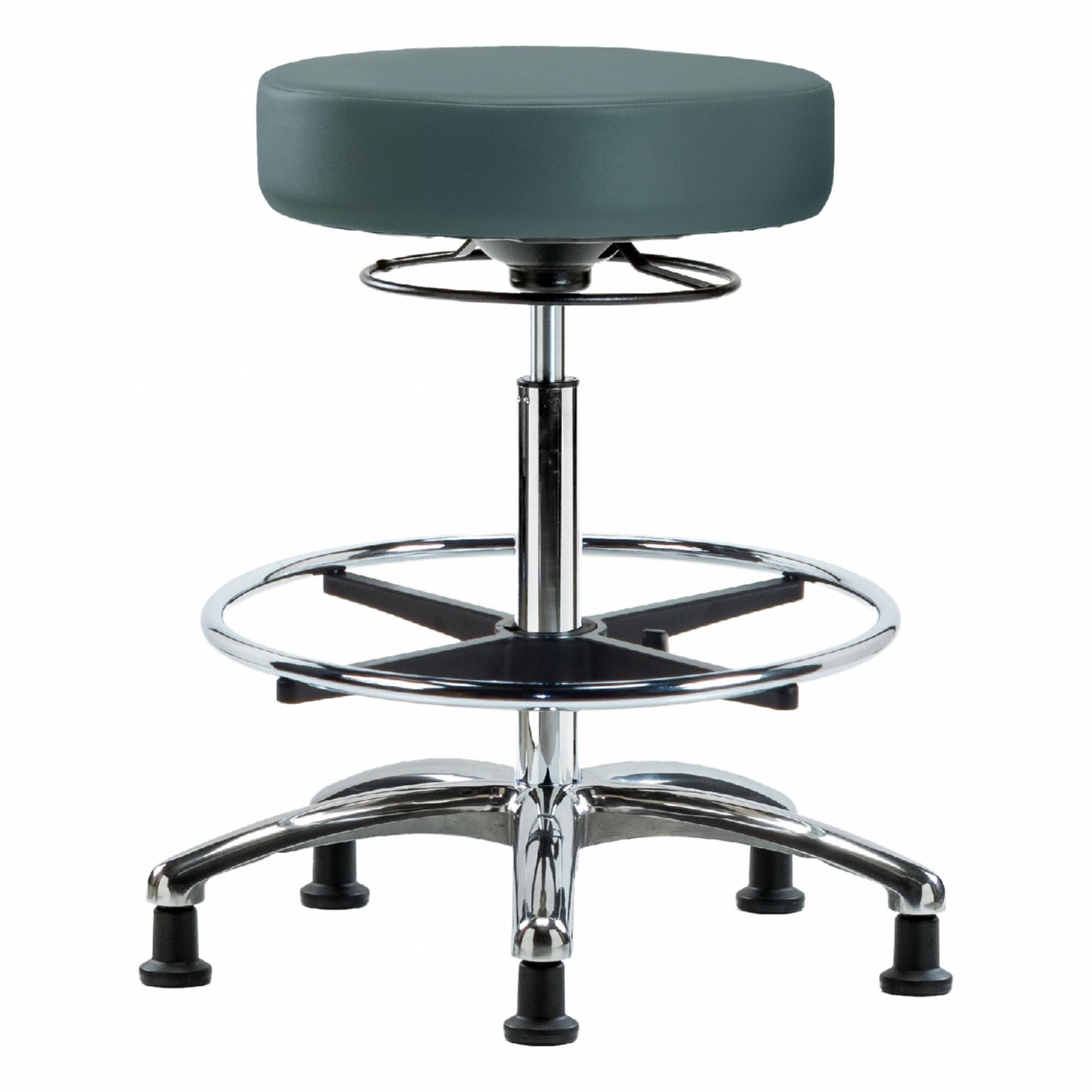 Stool: Vinyl, Ht Range 25 1/2 in to 35 1/4 in, 17 in Seat Wd, 17 in Seat Dp, 5 Glides, 0 Casters