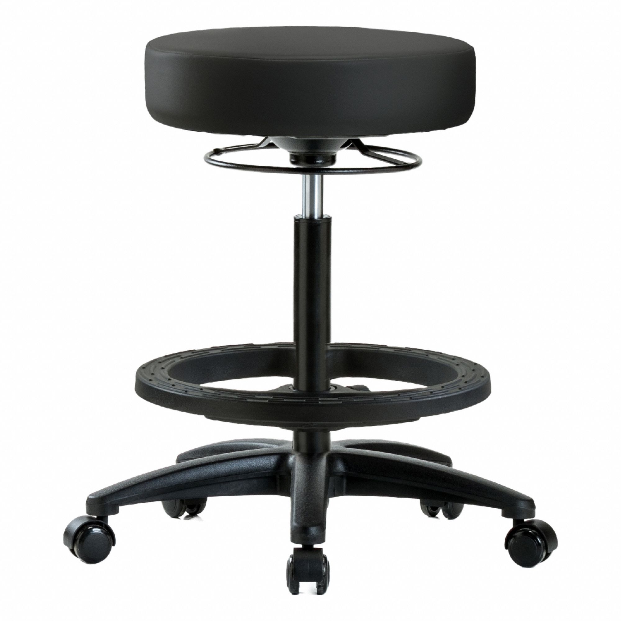 Stool: Vinyl, Ht Range 24 1/2 in to 34 1/2 in, 17 in Seat Wd, 17 in Seat Dp, 0 Glides, 5 Casters