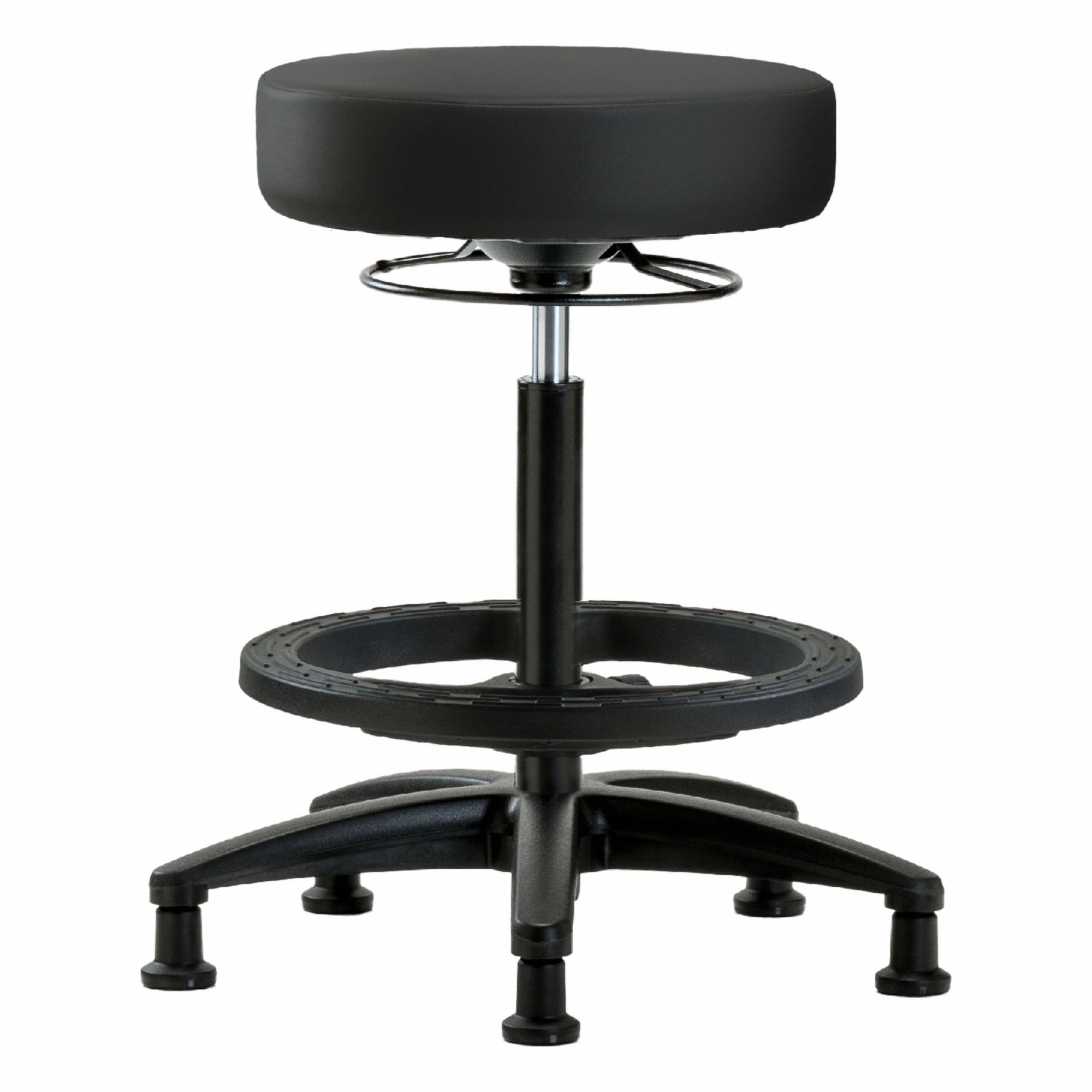 Stool: Vinyl, Ht Range 24 1/2 in to 34 1/2 in, 17 in Seat Wd, 17 in Seat Dp, 5 Glides, 0 Casters