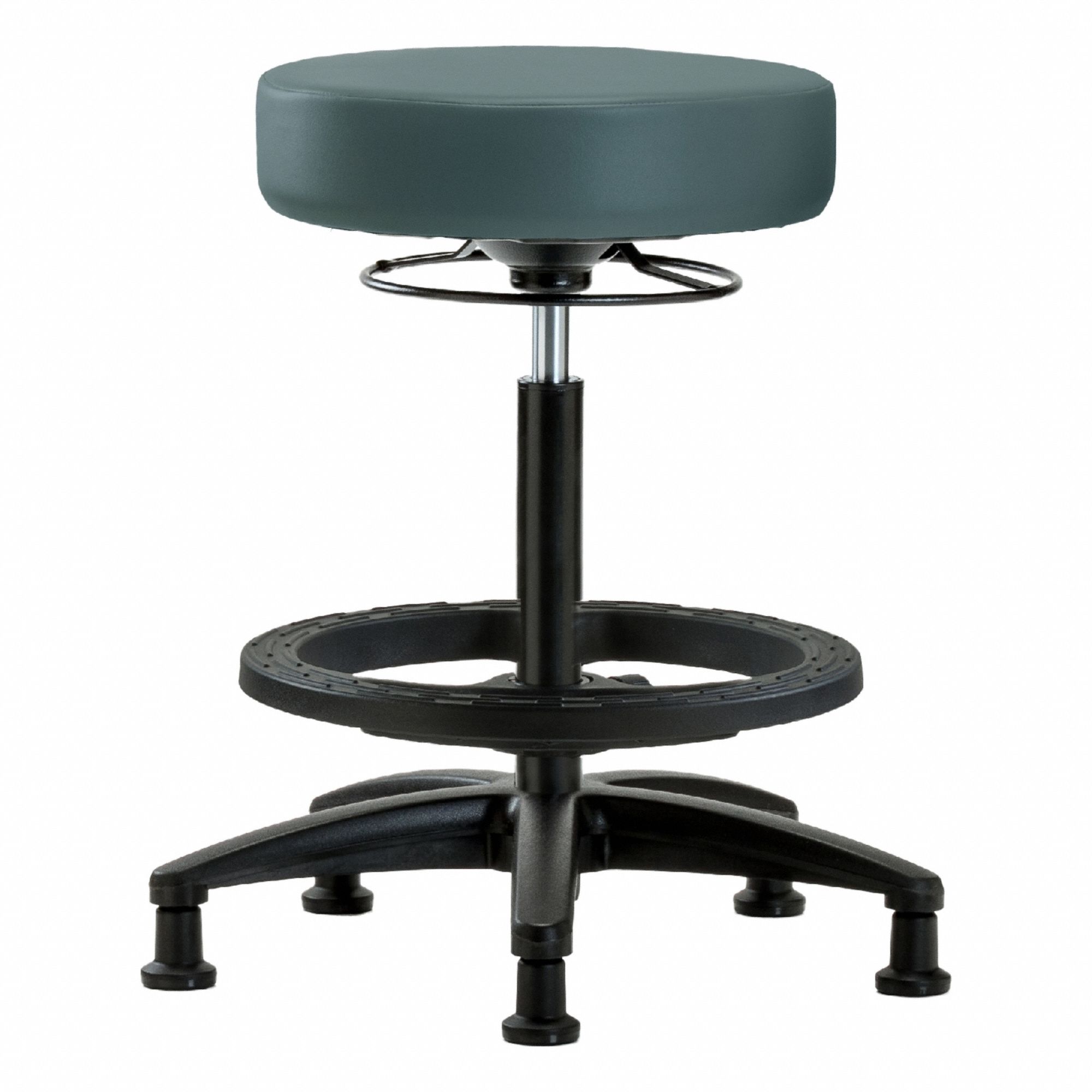 Stool: Vinyl, Ht Range 24 1/2 in to 34 1/2 in, 17 in Seat Wd, 17 in Seat Dp, 5 Glides, 0 Casters
