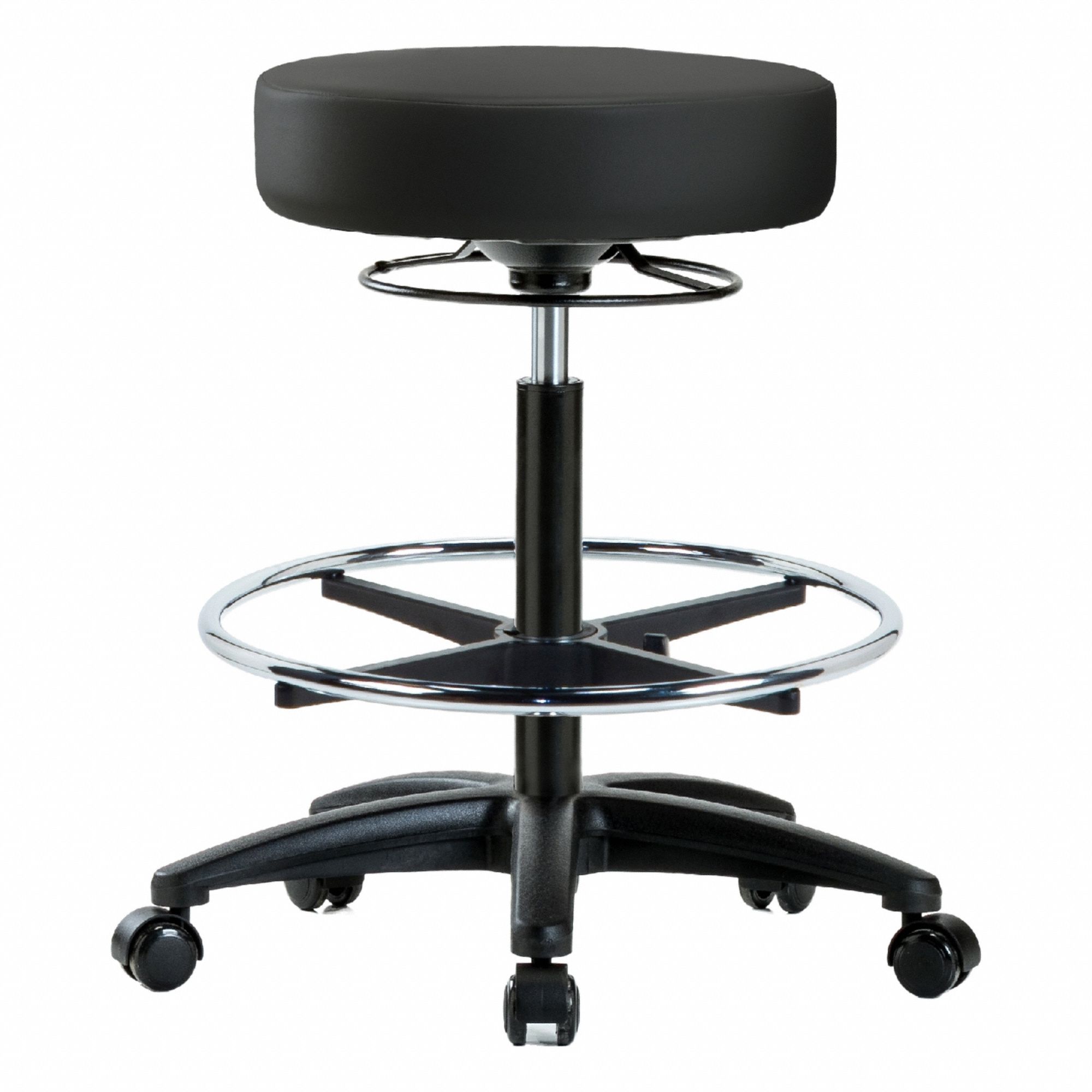 Stool: Vinyl, Ht Range 24 1/2 in to 34 1/2 in, 17 in Seat Wd, 17 in Seat Dp, 0 Glides, 5 Casters