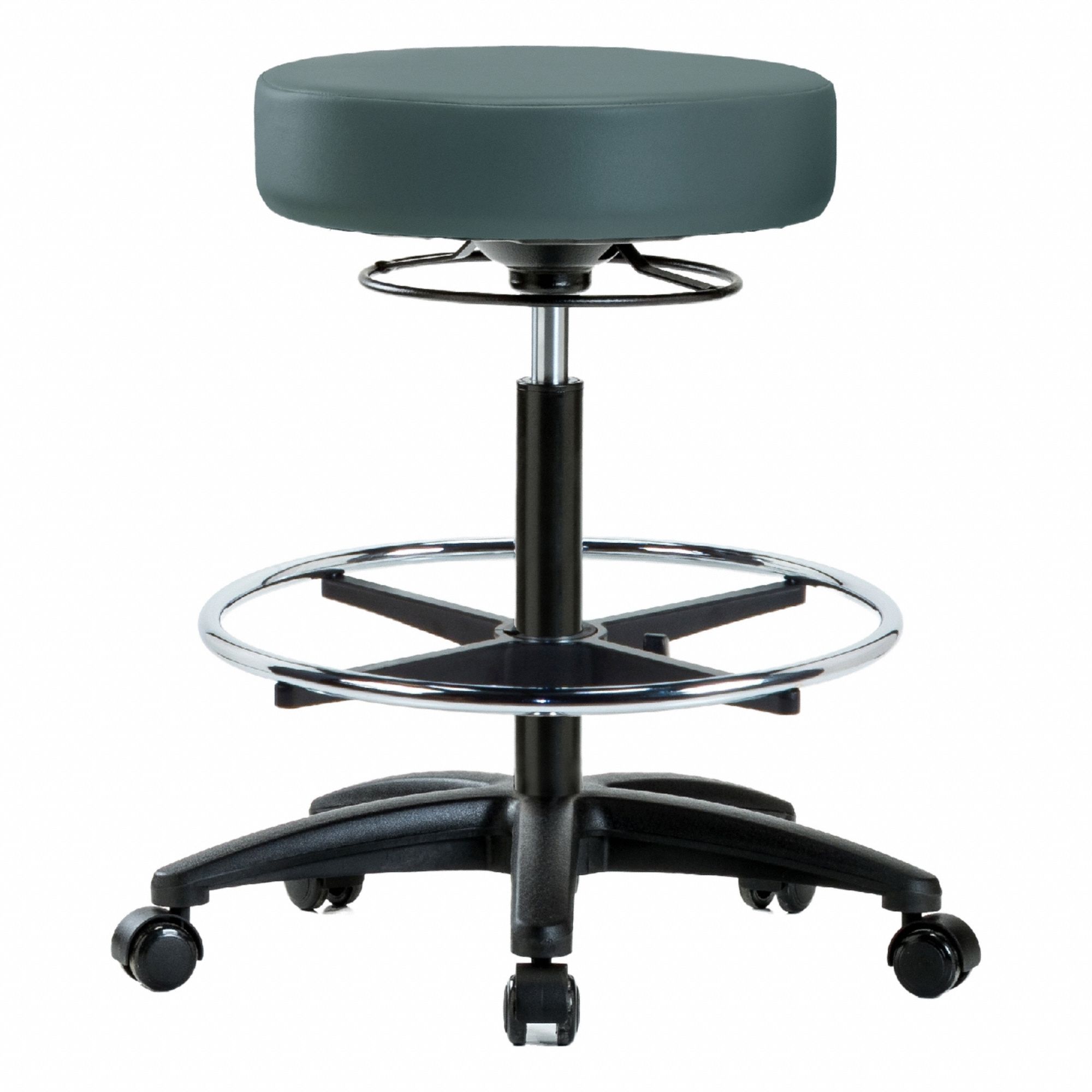 Stool: Vinyl, Ht Range 24 1/2 in to 34 1/2 in, 17 in Seat Wd, 17 in Seat Dp, 0 Glides, 5 Casters
