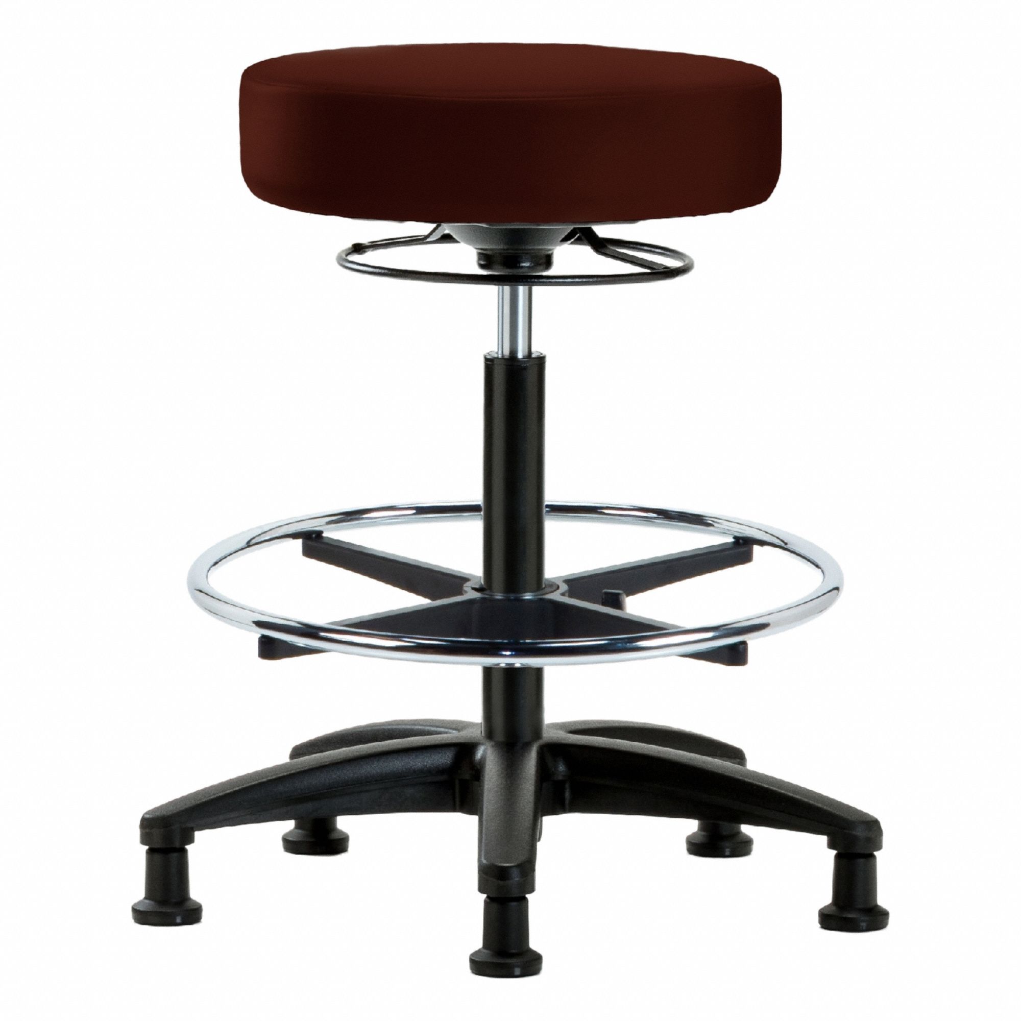 Stool: Vinyl, Ht Range 24 1/2 in to 34 1/2 in, 17 in Seat Wd, 17 in Seat Dp, 5 Glides, 0 Casters