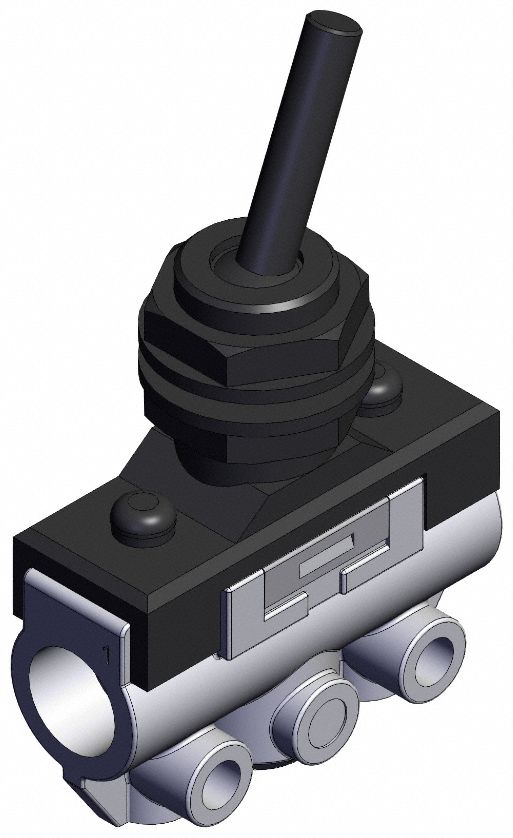 Shuttle Valve: VM100 Series, Toggle Actuator, 2 Ports, 1/8 in NPT, Side-Ported Body