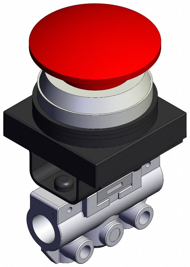 Shuttle Valve: VM100 Series, Mushroom Button Actuator, 3 Ports, 1/8 in BSPT, Side-Ported Body