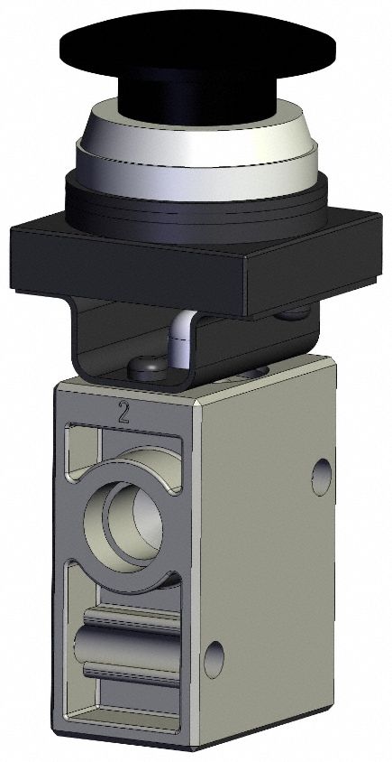Mechanical Valve: VM200 Series, Mushroom Button Actuator, 2 Ports, 1/4 in NPT, Black Actuator