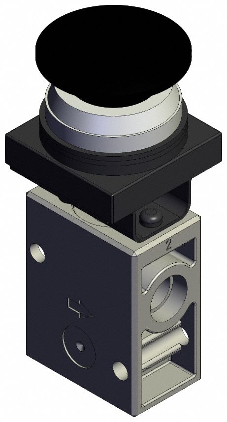 Shuttle Valve: VM200 Series, Mushroom Button Actuator, 3 Ports, 1/4 in NPT, Black Actuator