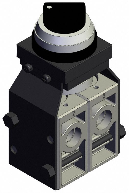 Shuttle Valve: VM200 Series, 3 Position Twist Actuator, 5 Ports, 1/4 in, Black Actuator
