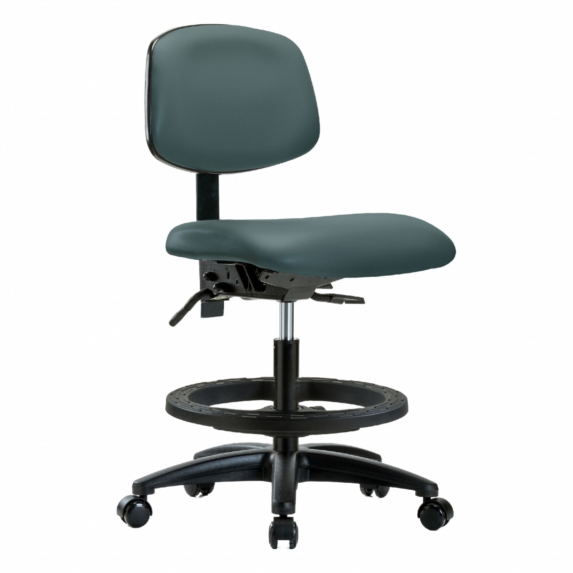 Ergonomic Chair: Vinyl, Armless, Ht Range 21 in to 28 1/4 in, 18 1/2 in Seat Wd, 17 in Seat Dp, Blue