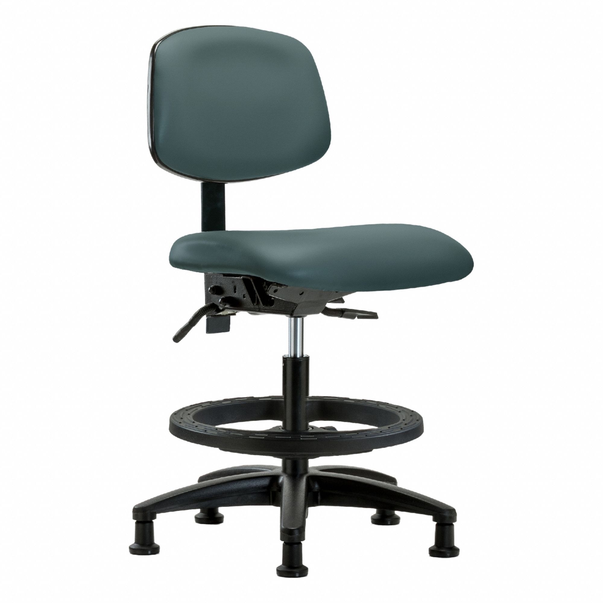 Ergonomic Chair: Vinyl, Armless, Ht Range 21 in to 28 1/4 in, 18 1/2 in Seat Wd, 17 in Seat Dp, Blue