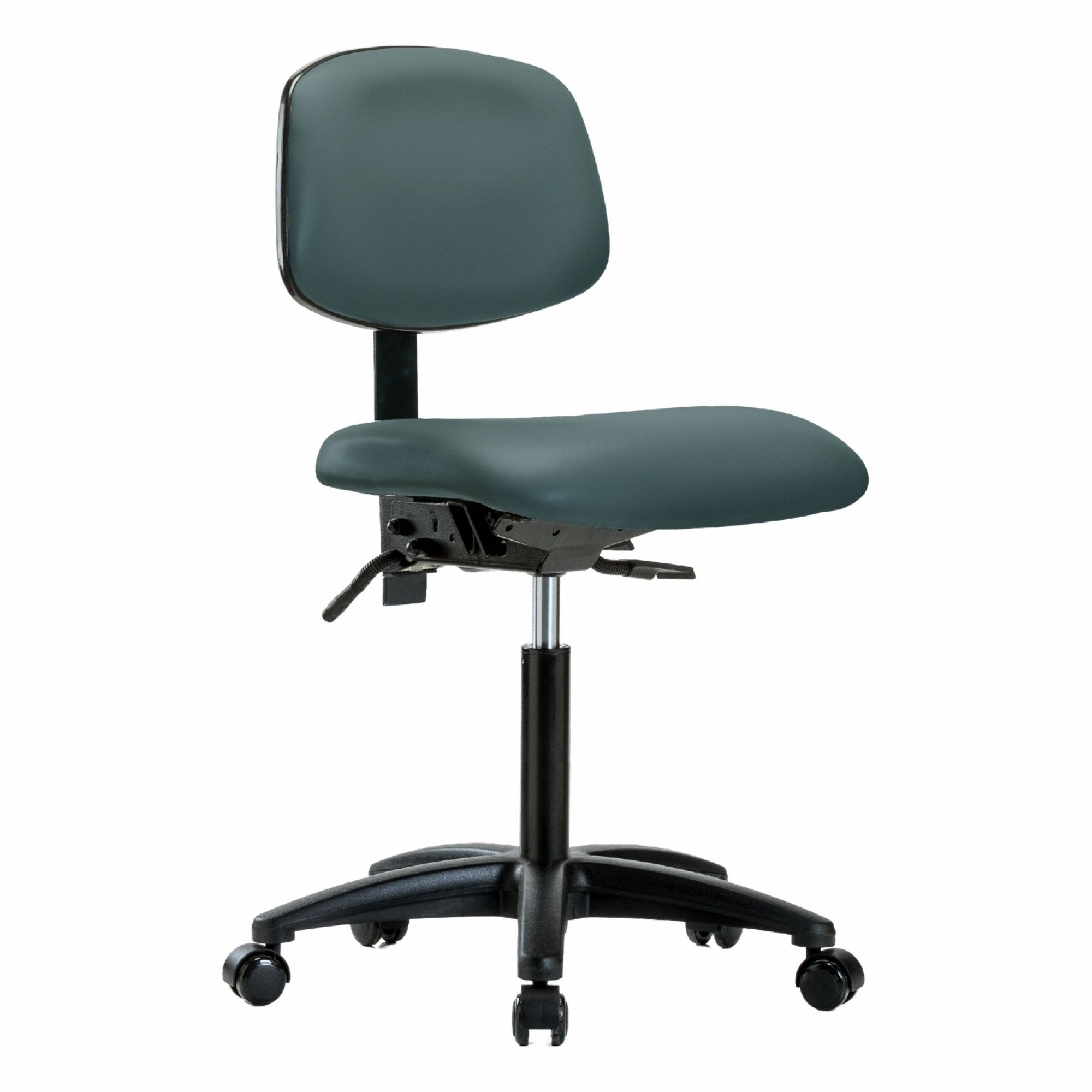 Ergonomic Chair: Vinyl, Armless, Ht Range 21 in to 28 1/4 in, 18 1/2 in Seat Wd, 17 in Seat Dp, Blue
