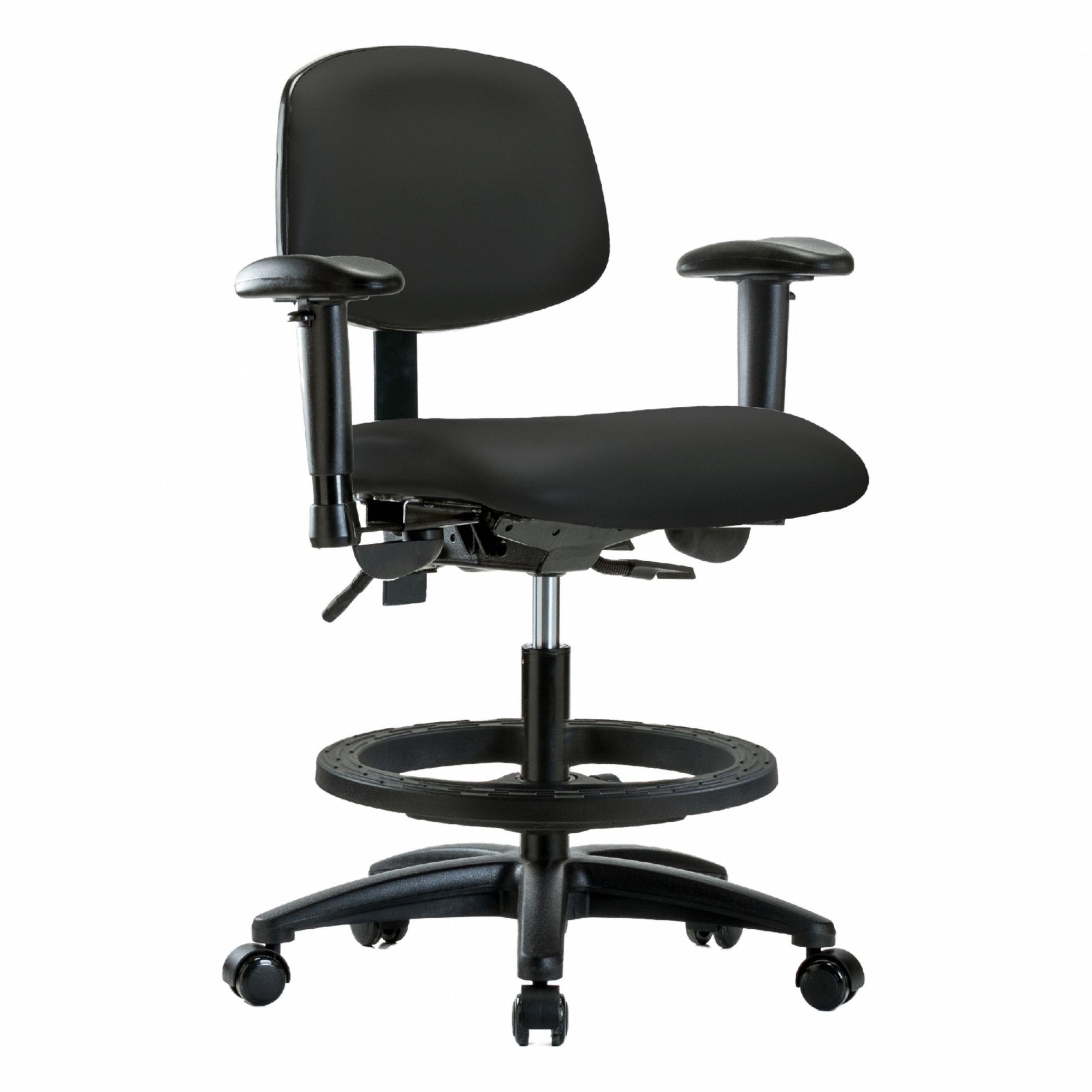 Ergonomic Chair: Vinyl, Arms Included, Ht Range 21 in to 28 1/4 in, 18 1/2 in Seat Wd, 17 in Seat Dp