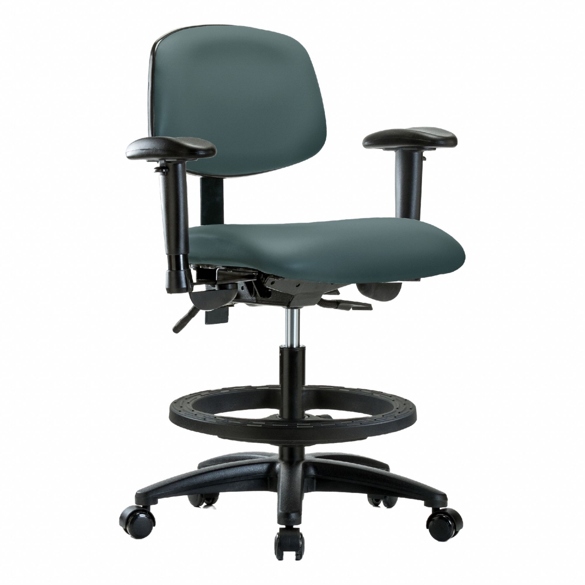 Ergonomic Chair: Vinyl, Arms Included, Ht Range 21 in to 28 1/4 in, 18 1/2 in Seat Wd, 17 in Seat Dp