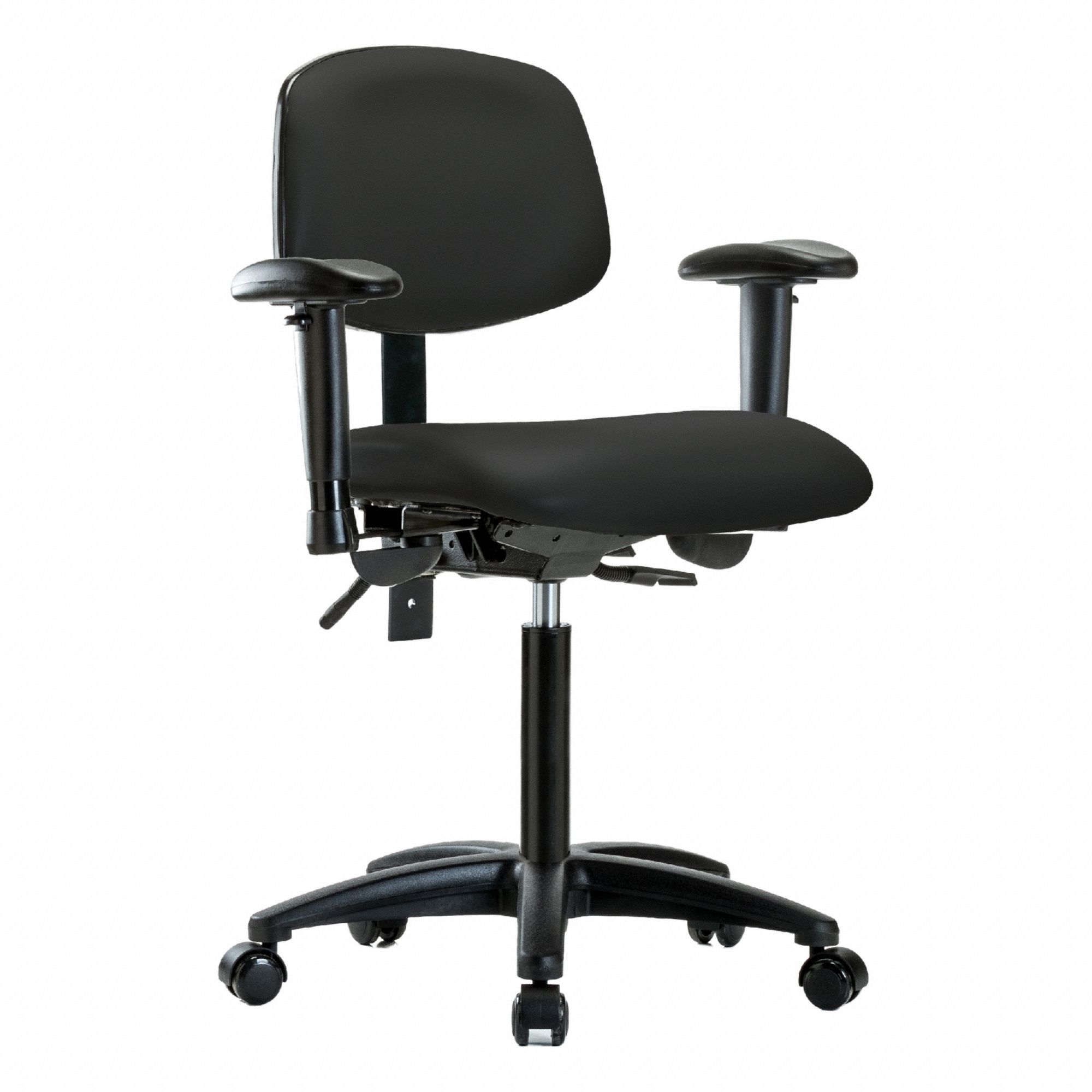 Ergonomic Chair: Vinyl, Arms Included, Ht Range 21 in to 28 1/4 in, 18 1/2 in Seat Wd, 17 in Seat Dp