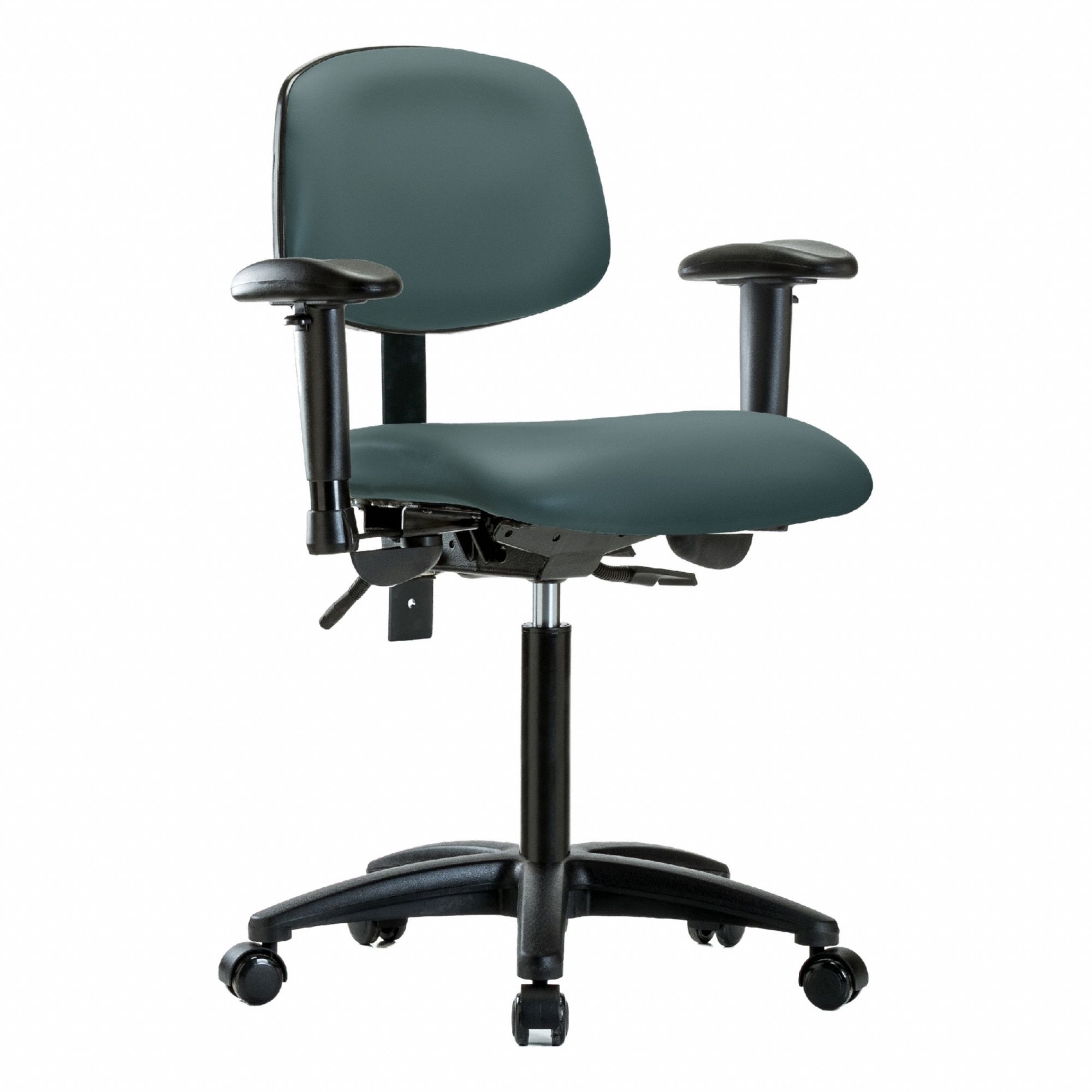 Ergonomic Chair: Vinyl, Arms Included, Ht Range 21 in to 28 1/4 in, 18 1/2 in Seat Wd, 17 in Seat Dp