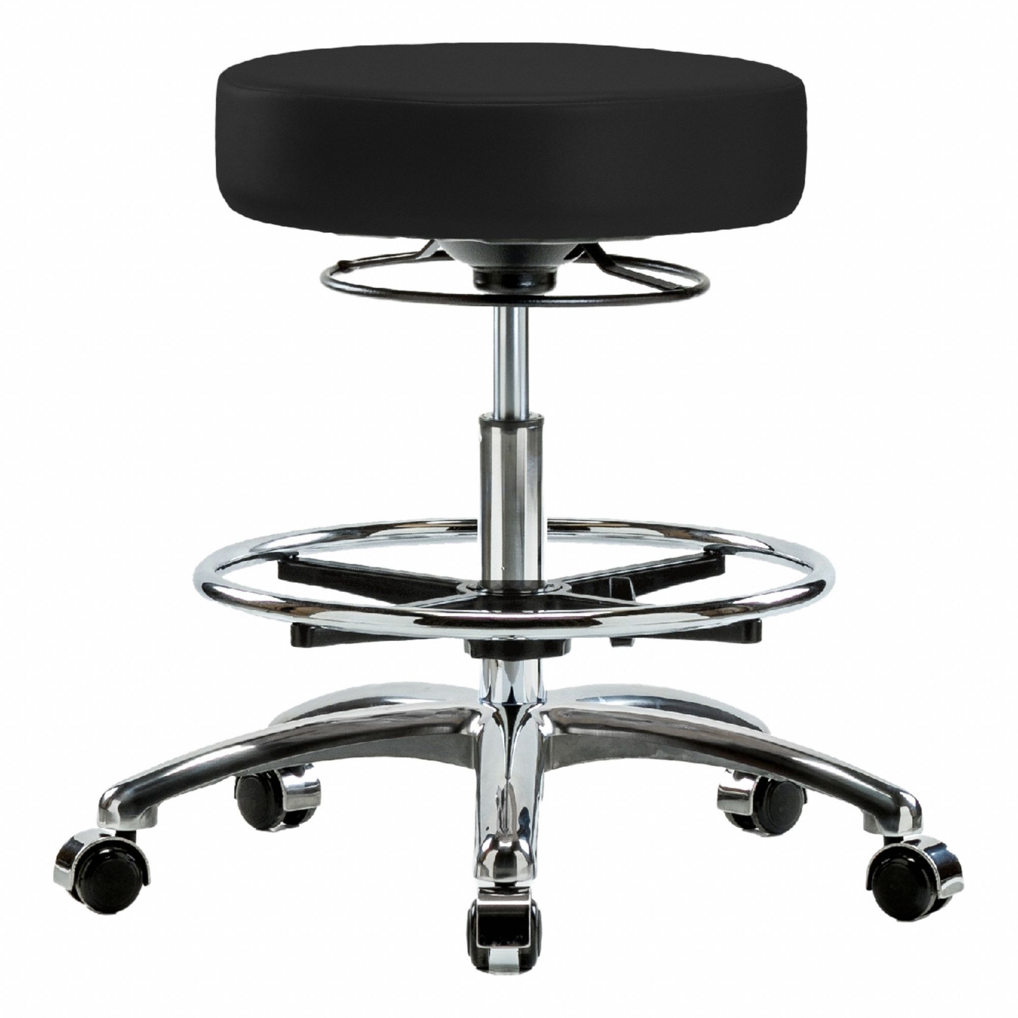 Stool: Vinyl, Ht Range 21 1/4 in to 28 3/4 in, 17 in Seat Wd, 17 in Seat Dp, 0 Glides, 5 Casters