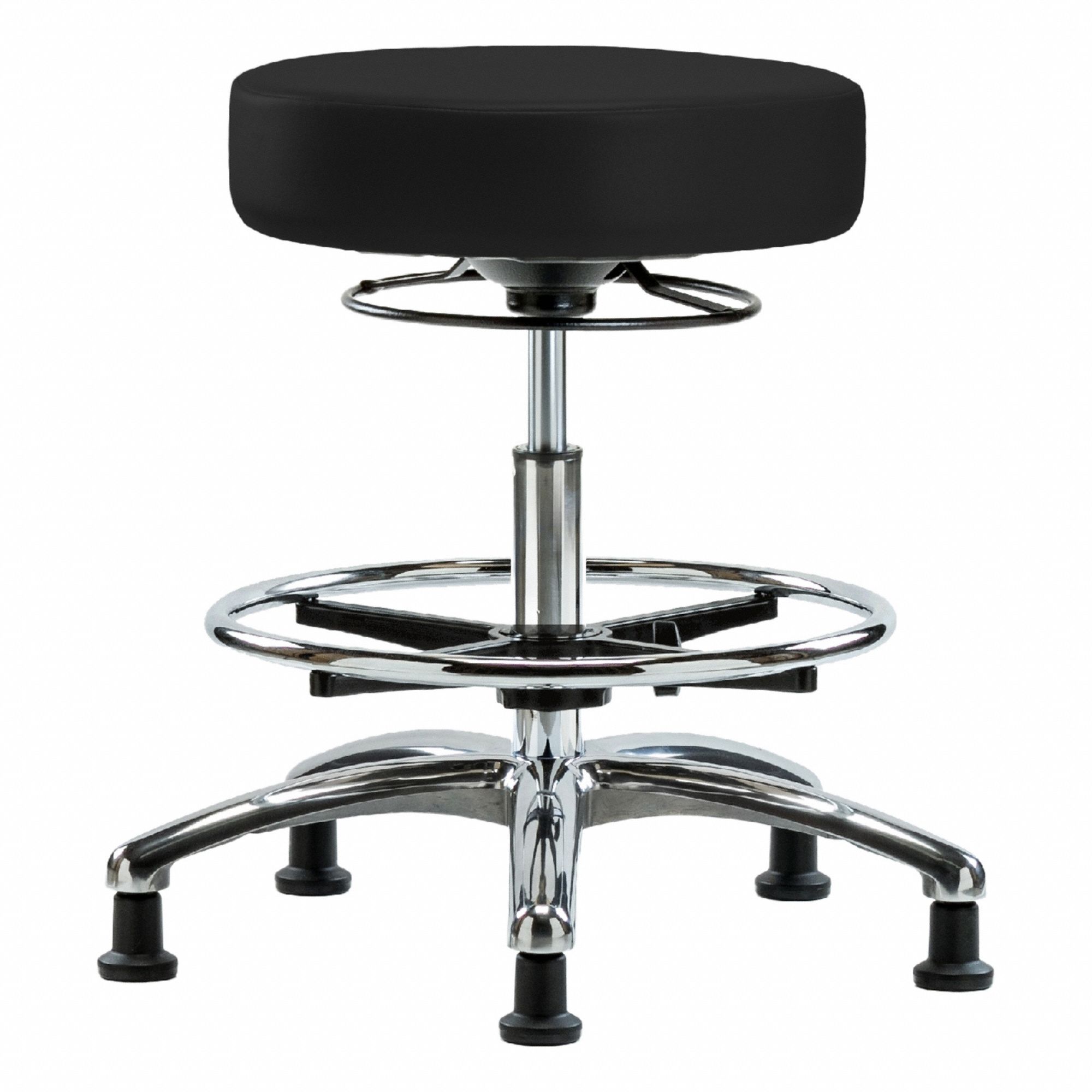 Stool: Vinyl, Ht Range 21 1/4 in to 28 3/4 in, 17 in Seat Wd, 17 in Seat Dp, 5 Glides, 0 Casters