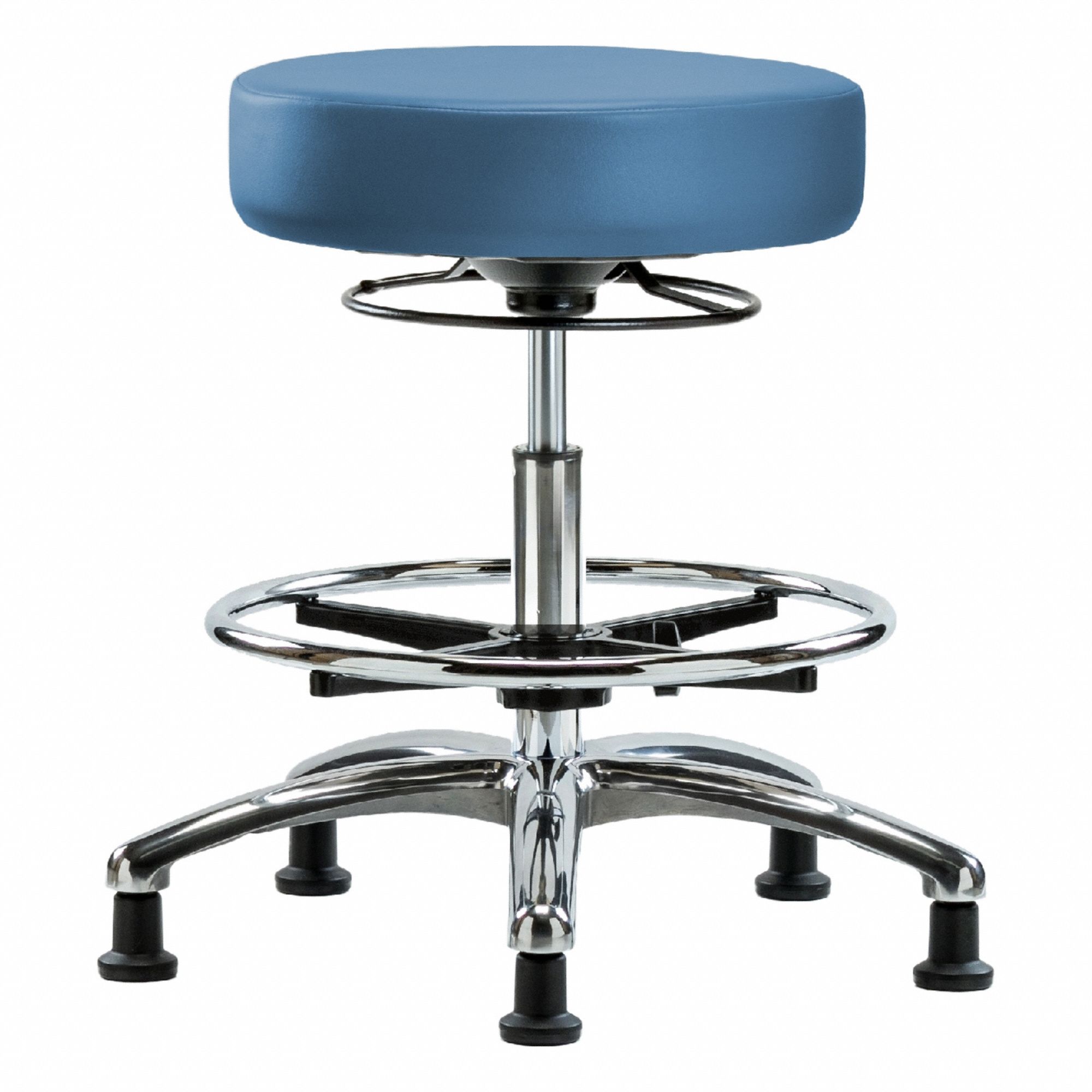 Stool: Vinyl, Ht Range 21 1/4 in to 28 3/4 in, 17 in Seat Wd, 17 in Seat Dp, 5 Glides, 0 Casters
