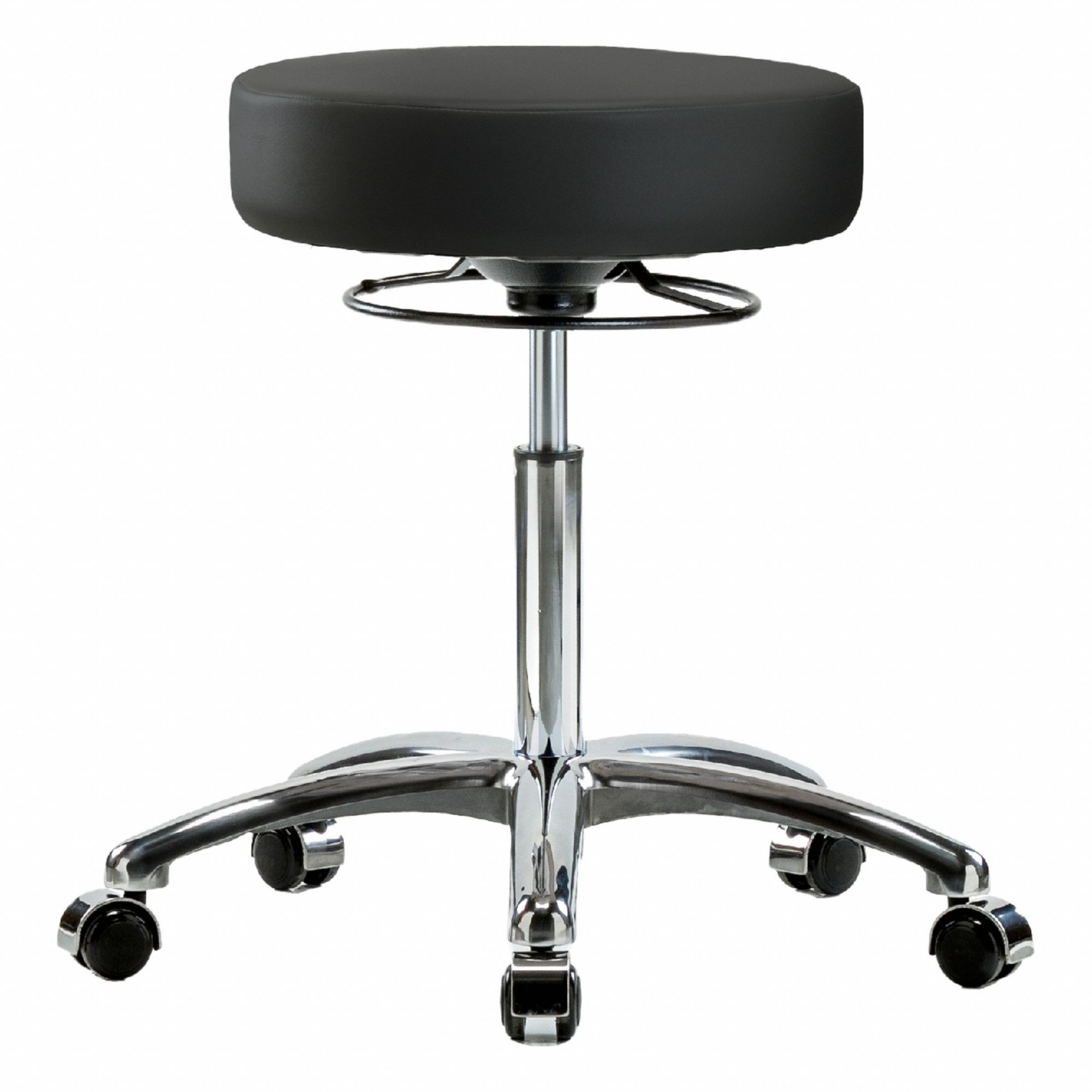 Stool: Vinyl, Ht Range 21 1/4 in to 28 3/4 in, 17 in Seat Wd, 17 in Seat Dp, 0 Glides, 5 Casters