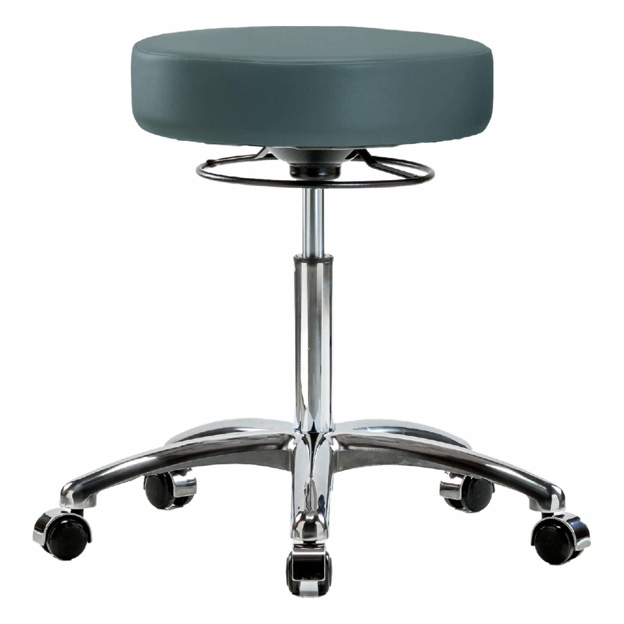 Stool: Vinyl, Ht Range 21 1/4 in to 28 3/4 in, 17 in Seat Wd, 17 in Seat Dp, 0 Glides, 5 Casters