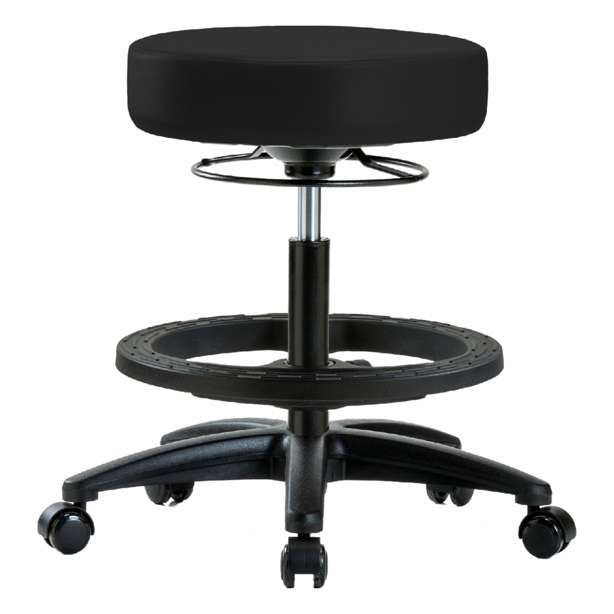 Stool: Vinyl, Ht Range 19 3/4 in to 27 3/4 in, 17 in Seat Wd, 17 in Seat Dp, 0 Glides, 5 Casters