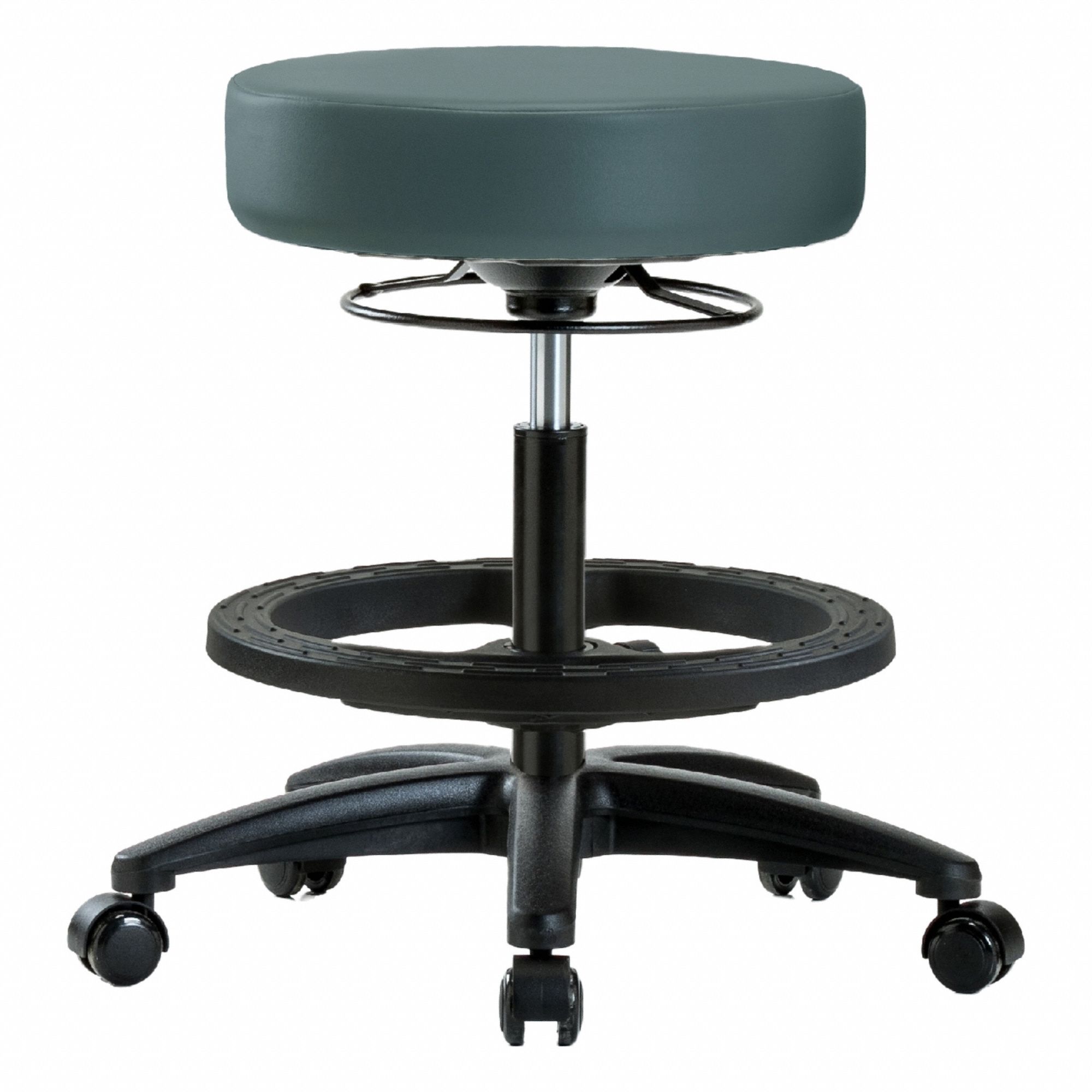 Stool: Vinyl, Ht Range 19 3/4 in to 27 3/4 in, 17 in Seat Wd, 17 in Seat Dp, 0 Glides, 5 Casters