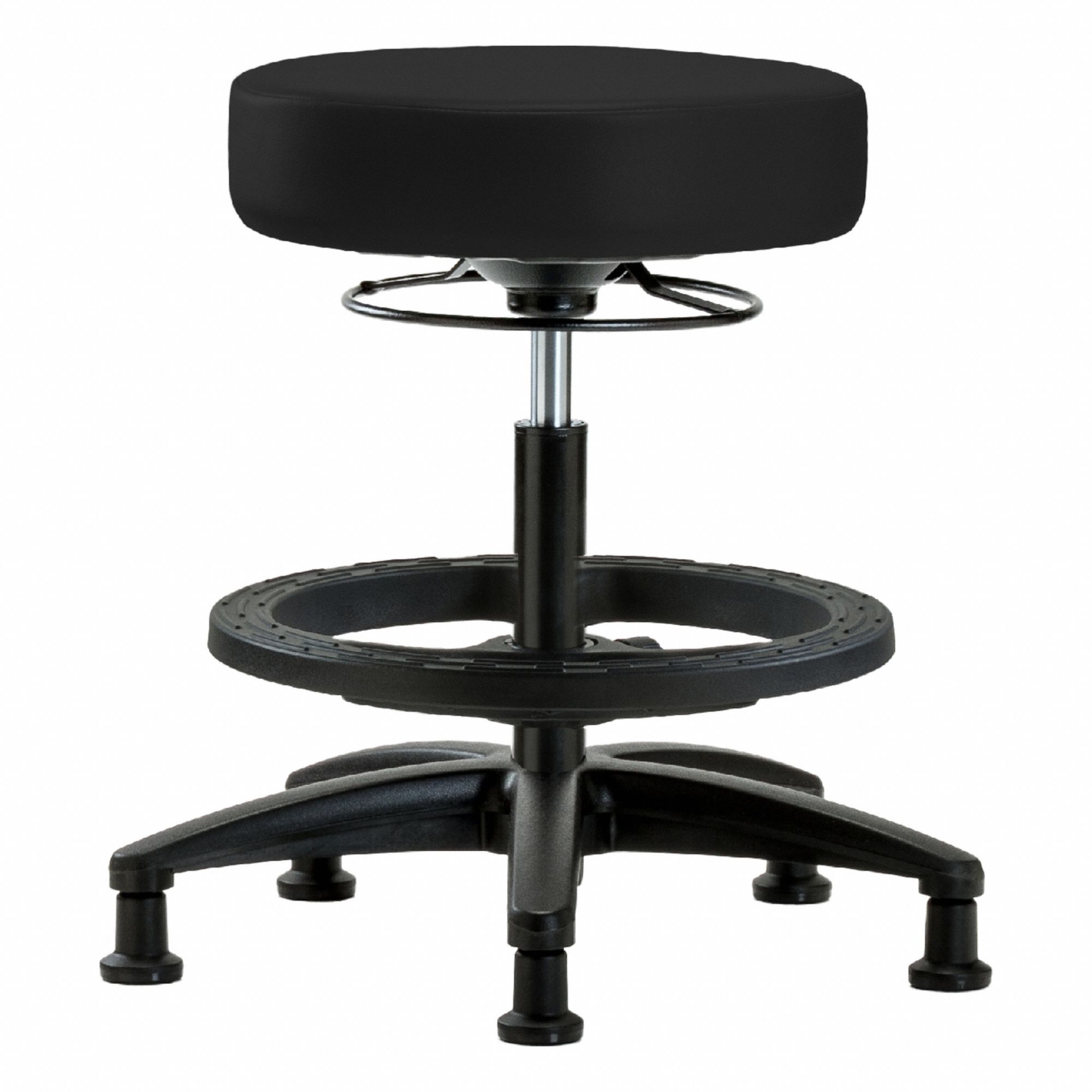 Stool: Vinyl, Ht Range 19 3/4 in to 27 3/4 in, 17 in Seat Wd, 17 in Seat Dp, 5 Glides, 0 Casters