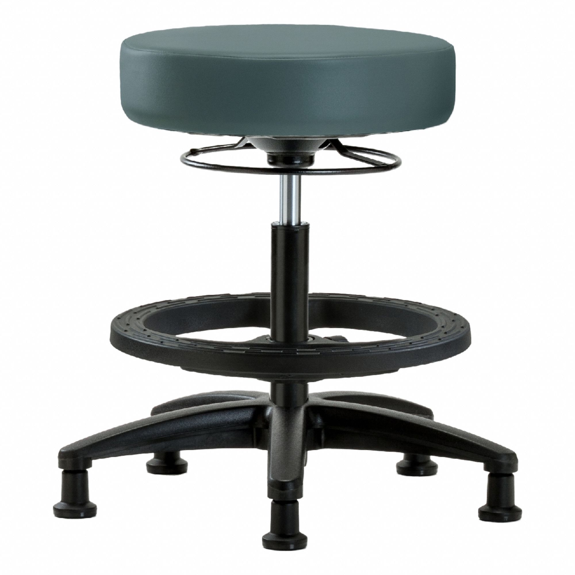 Stool: Vinyl, Ht Range 19 3/4 in to 27 3/4 in, 17 in Seat Wd, 17 in Seat Dp, 5 Glides, 0 Casters