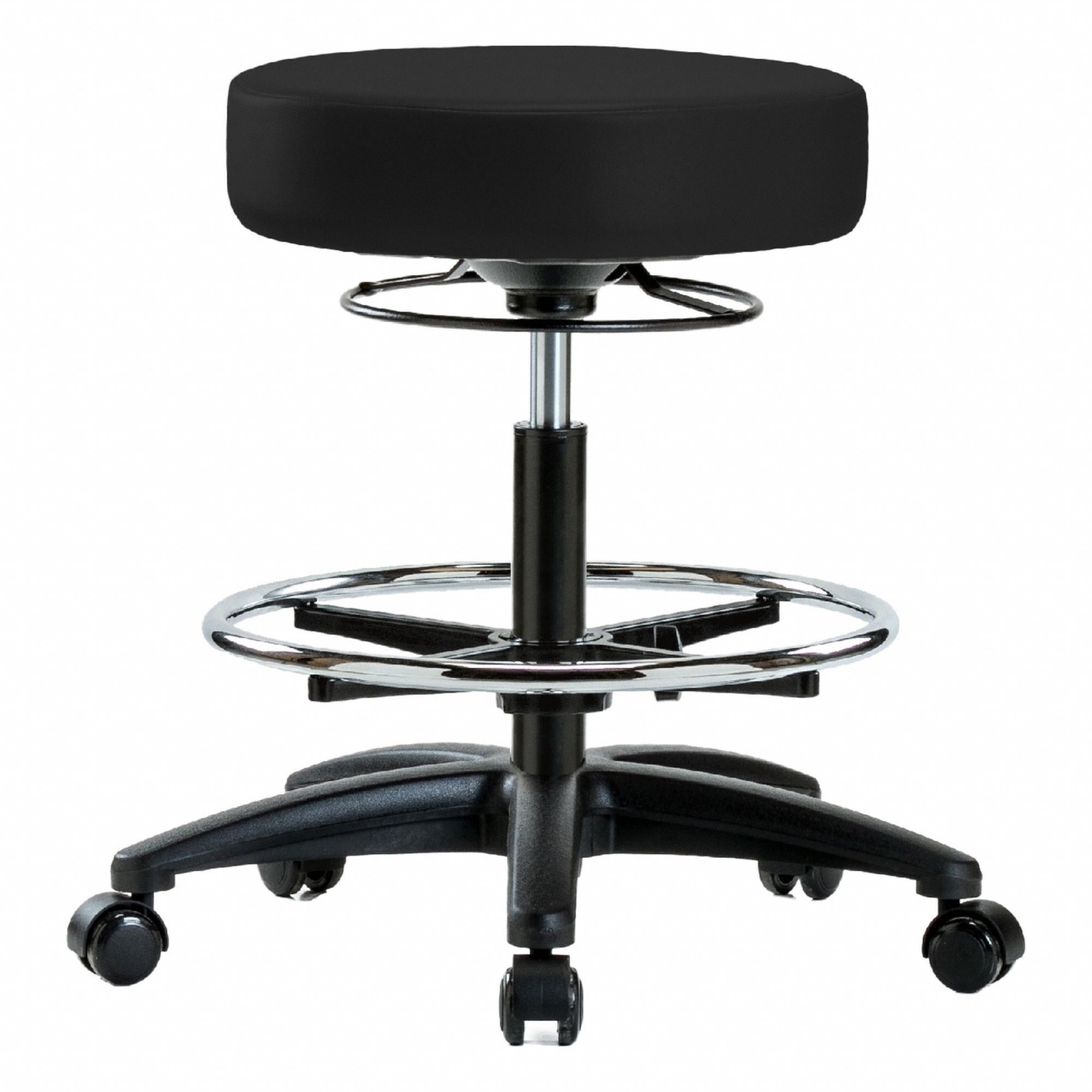 Stool: Vinyl, Ht Range 19 3/4 in to 27 3/4 in, 17 in Seat Wd, 17 in Seat Dp, 0 Glides, 5 Casters