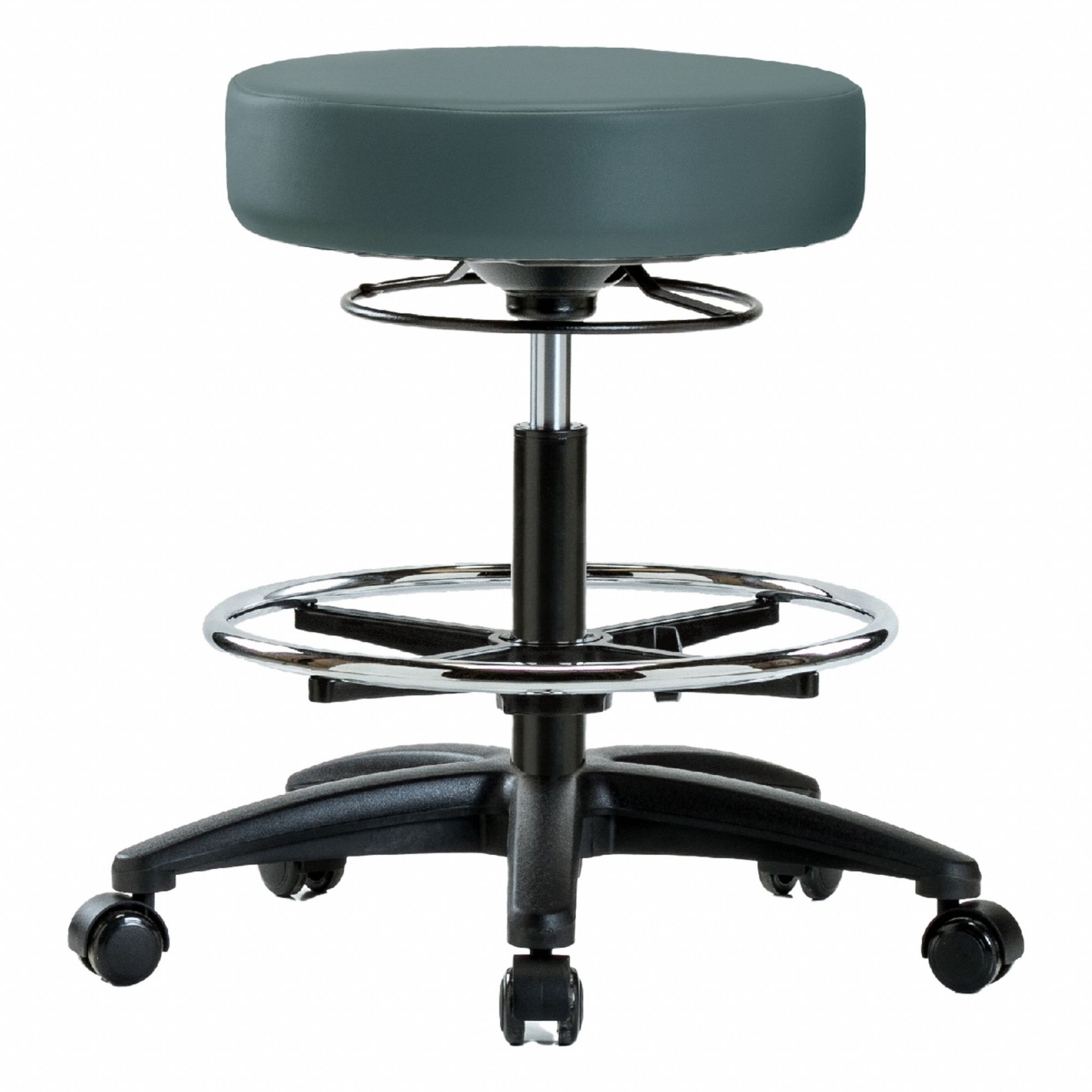 Stool: Vinyl, Ht Range 19 3/4 in to 27 3/4 in, 17 in Seat Wd, 17 in Seat Dp, 0 Glides, 5 Casters