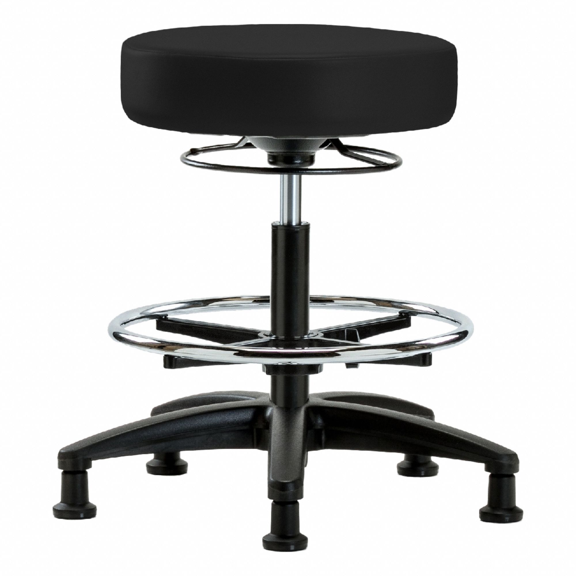 Stool: Vinyl, Ht Range 19 3/4 in to 27 3/4 in, 17 in Seat Wd, 17 in Seat Dp, 5 Glides, 0 Casters
