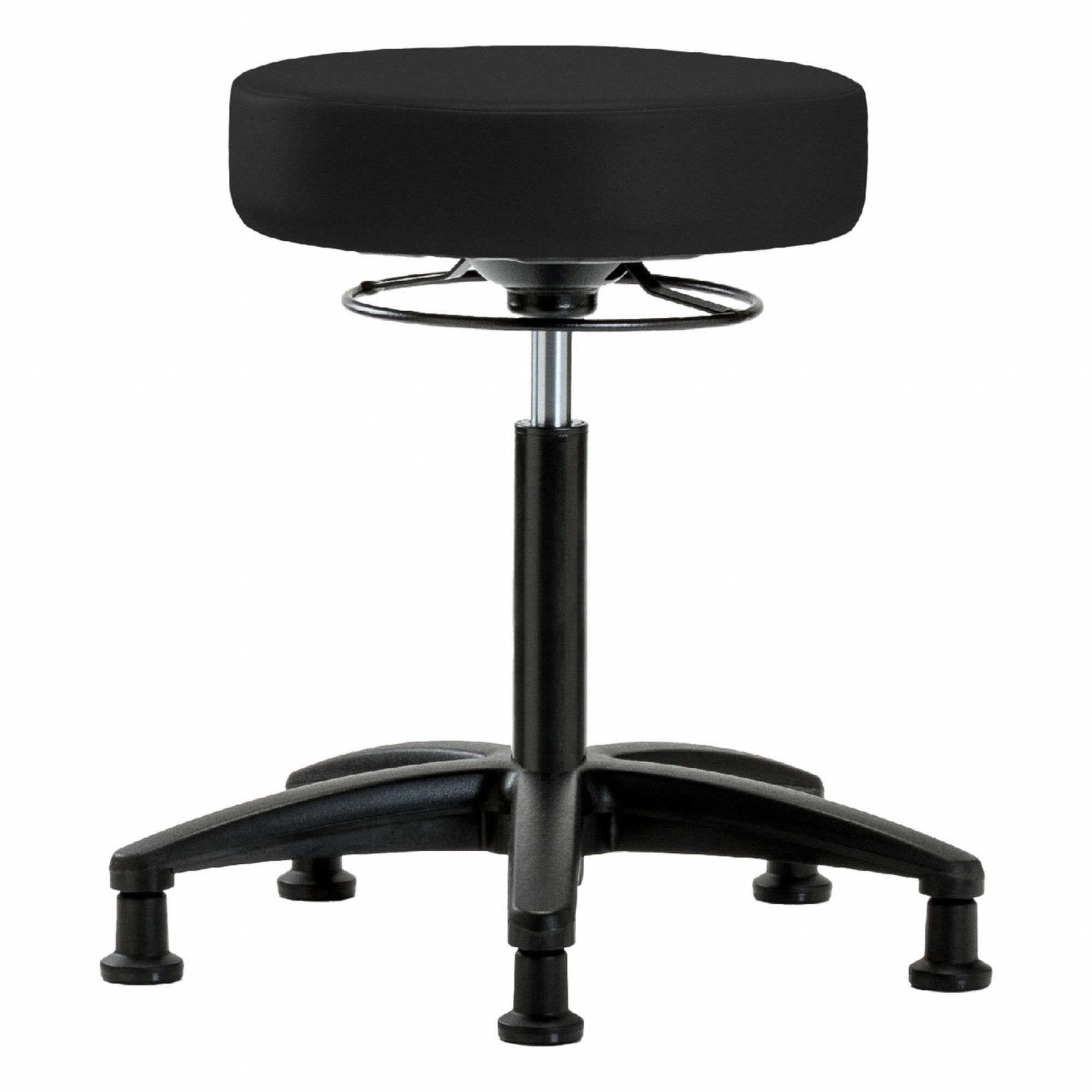 Stool: Vinyl, Ht Range 19 3/4 in to 27 3/4 in, 17 in Seat Wd, 17 in Seat Dp, 5 Glides, 0 Casters
