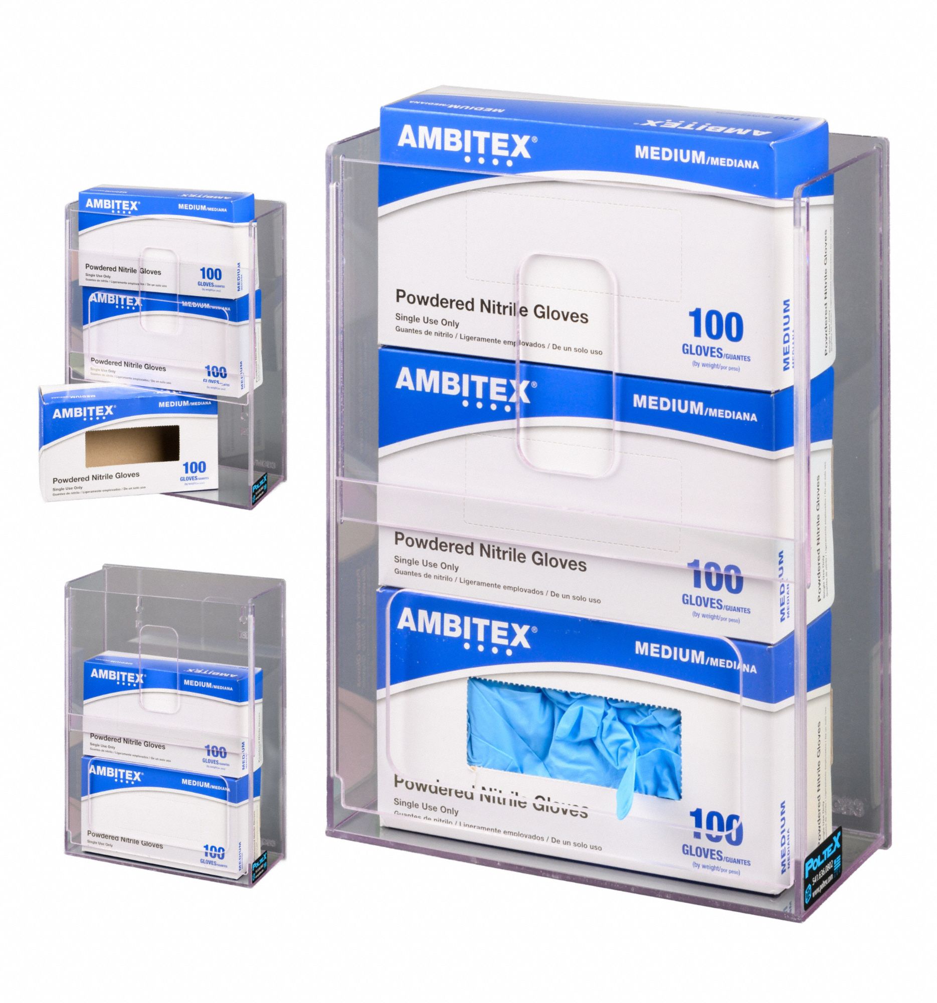 Glove Box Holder: 4 in Overall Wd, 13 7/8 in Overall Ht, 10 1/4 in Overall Lg, PETG, Clear, Wall (MPN VMGB3-M). Key specifications — Material: PETG; Mounting Location: Wall; Color: Clear; Product Type: Glove Box Holder; Total Holding Capacity: (3) Boxes; Brand: POLTEX.