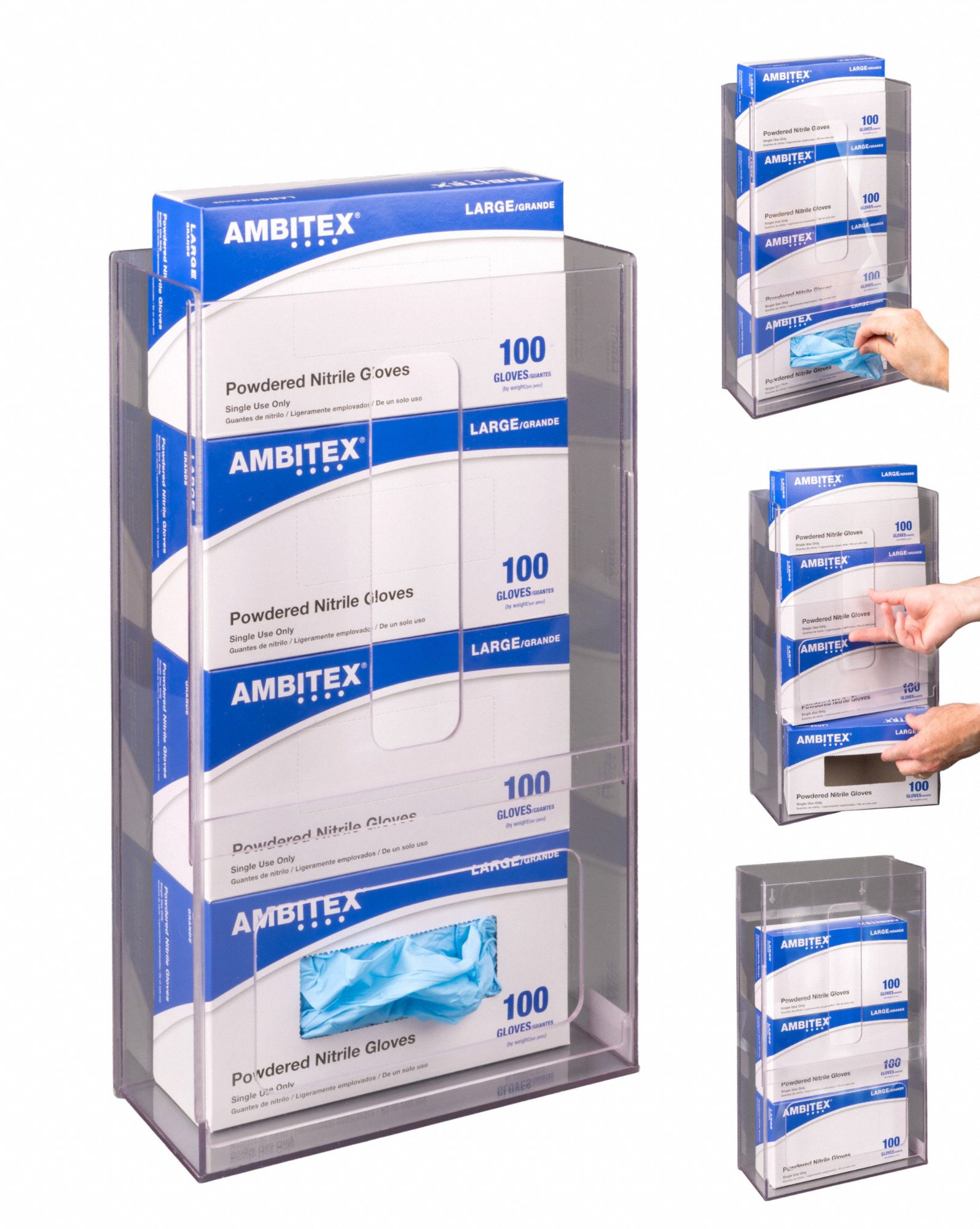 Glove Box Holder: 4 in Overall Wd, 18 in Overall Ht, 10 1/4 in Overall Lg, PETG, Clear, (4) Boxes (MPN VMGB4-M). Key specifications — Material: PETG; Mounting Location: Wall; Color: Clear; Product Type: Glove Box Holder; Total Holding Capacity: (4) Boxes; Brand: POLTEX.