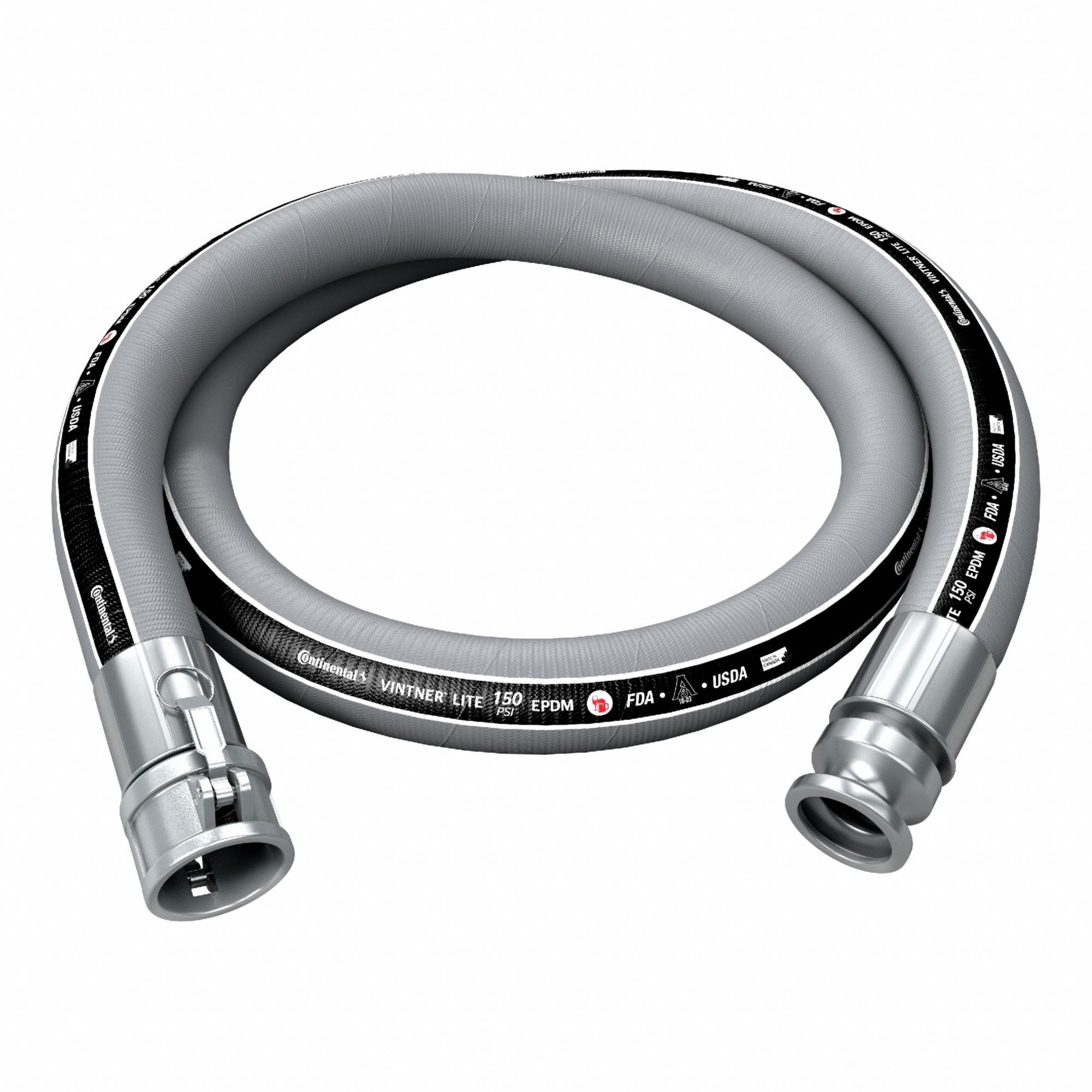 Food Grade Transfer Hose Assembly: 1 1/2 in Hose Inside Dia., 150 psi, Gray, EPDM