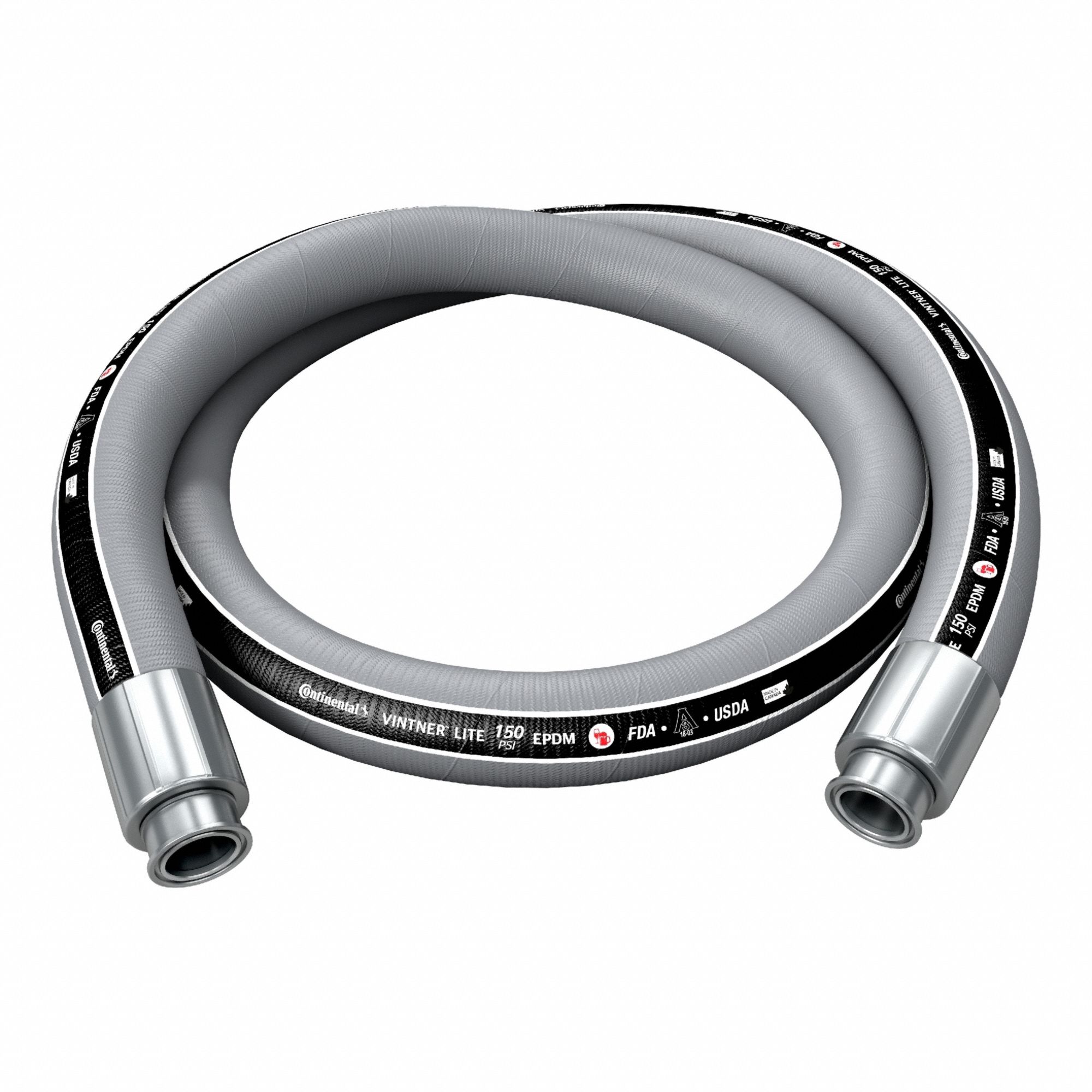 Food Grade Transfer Hose Assembly: 1 1/2 in Hose Inside Dia., 150 psi, Gray, EPDM