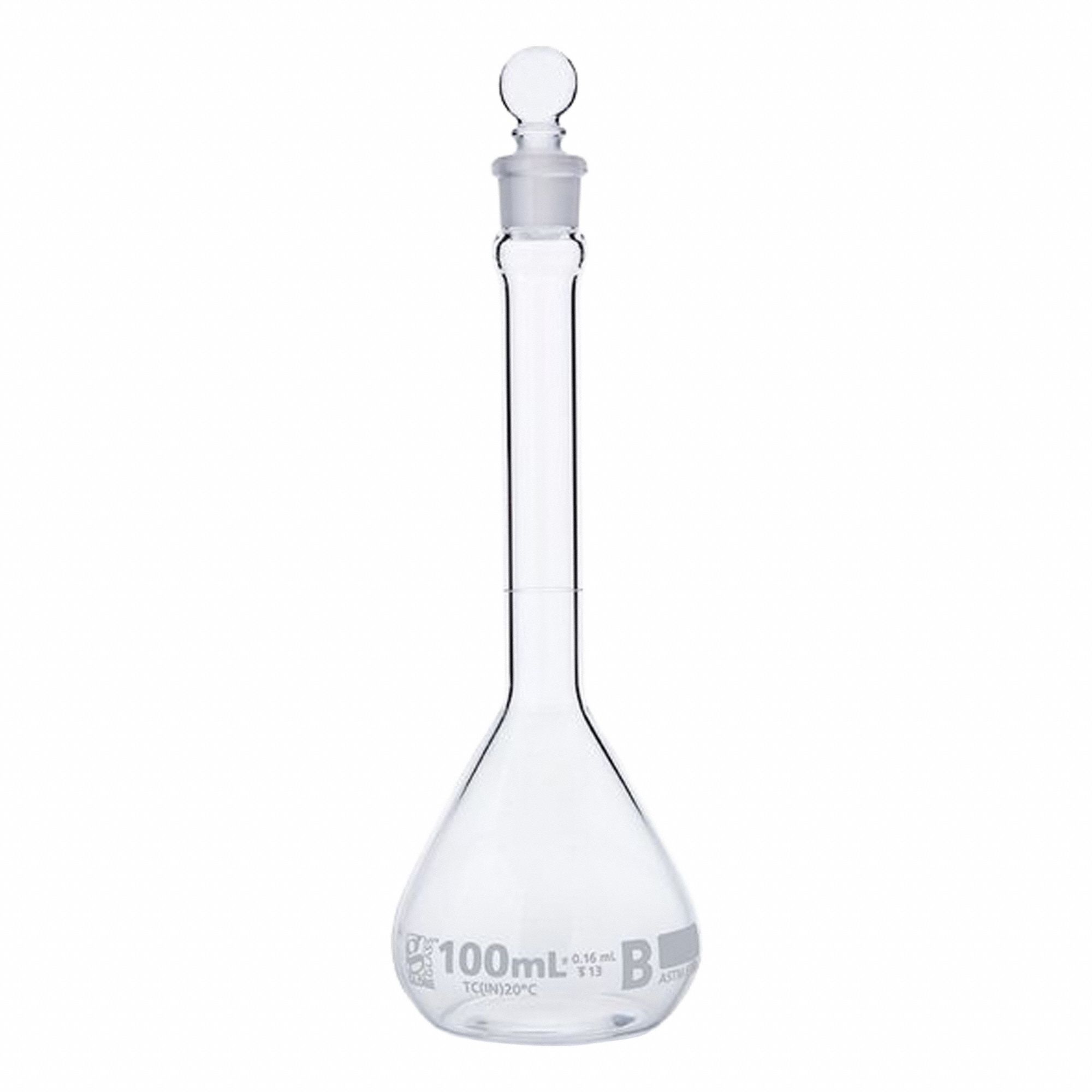 GLOBE SCIENTIFIC Glass Flasks: 100 mL, Colorless, B, 0.16 mL, Includes Closure, 170 mm Overall Ht (MPN 8250100). Key specifications — Tolerance: 0.16 mL; Body Color: Colorless; Brand: GLOBE SCIENTIFIC; Compatible with Stopper Size: 13; USP Specification: Type I.