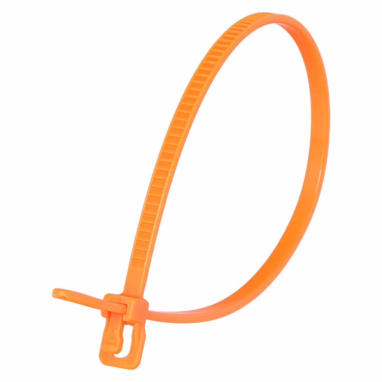 Releasable Cable Tie: Fluorescent Orange, 6 in Lg, Max. 1 1/2 in Bundle Dia., 100 PK