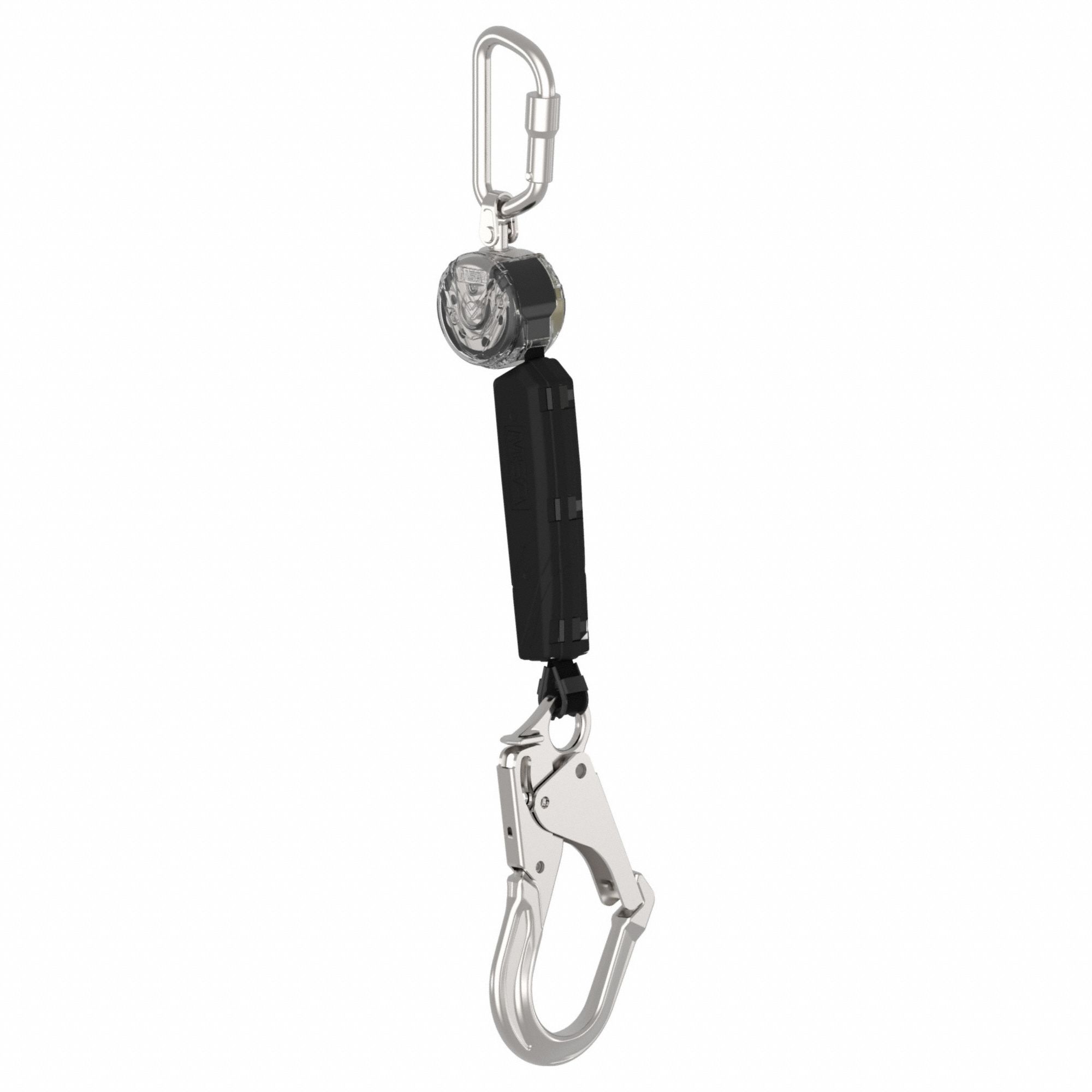 Self Retracing Lanyard: Aluminum Snap Hook Anchor, Harness Aluminum Carabiner, 6 ft Line
