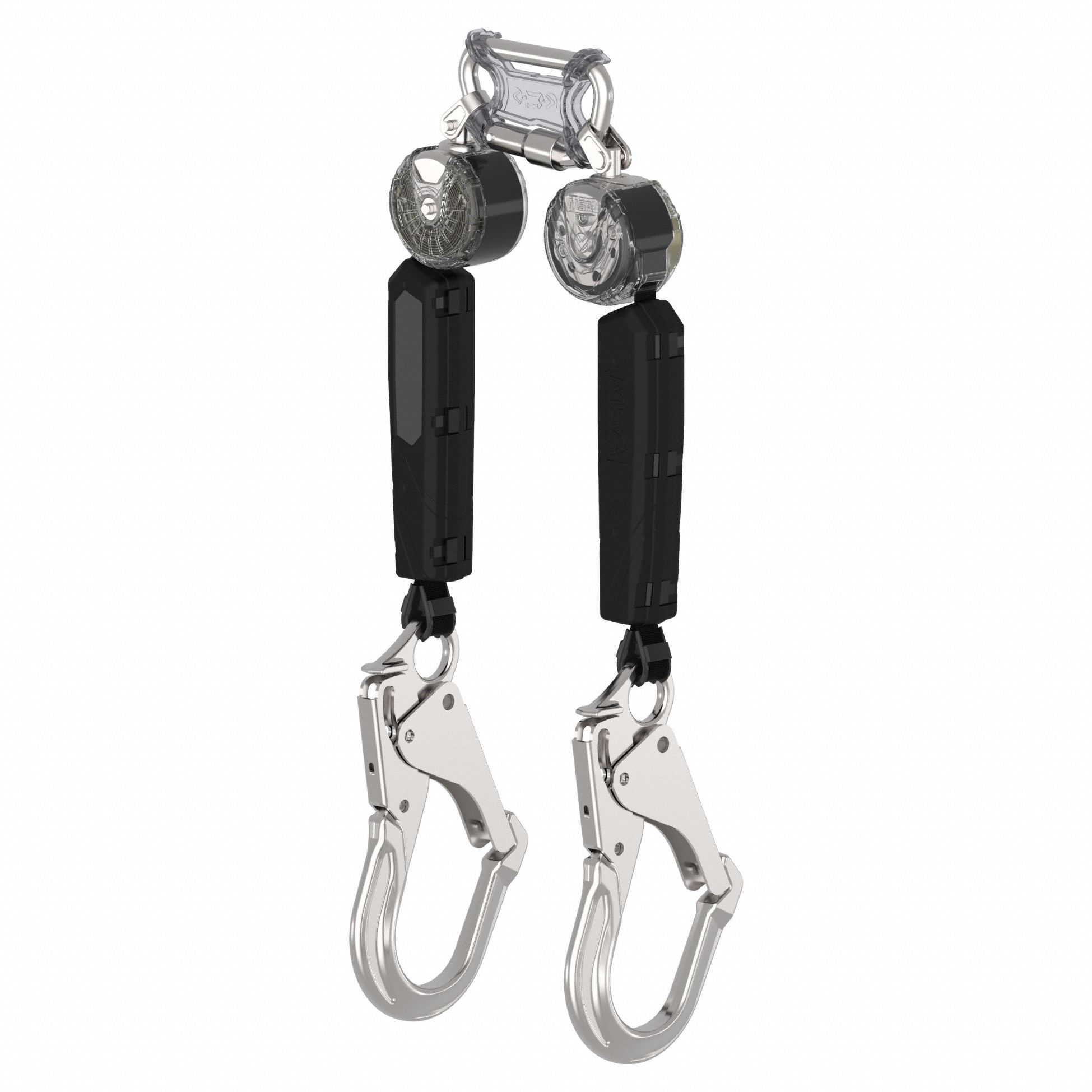 Self Retracing Lanyard: Aluminum Snap Hook Anchor, Harness Aluminum Carabiner, 2 legs, 6 ft Line