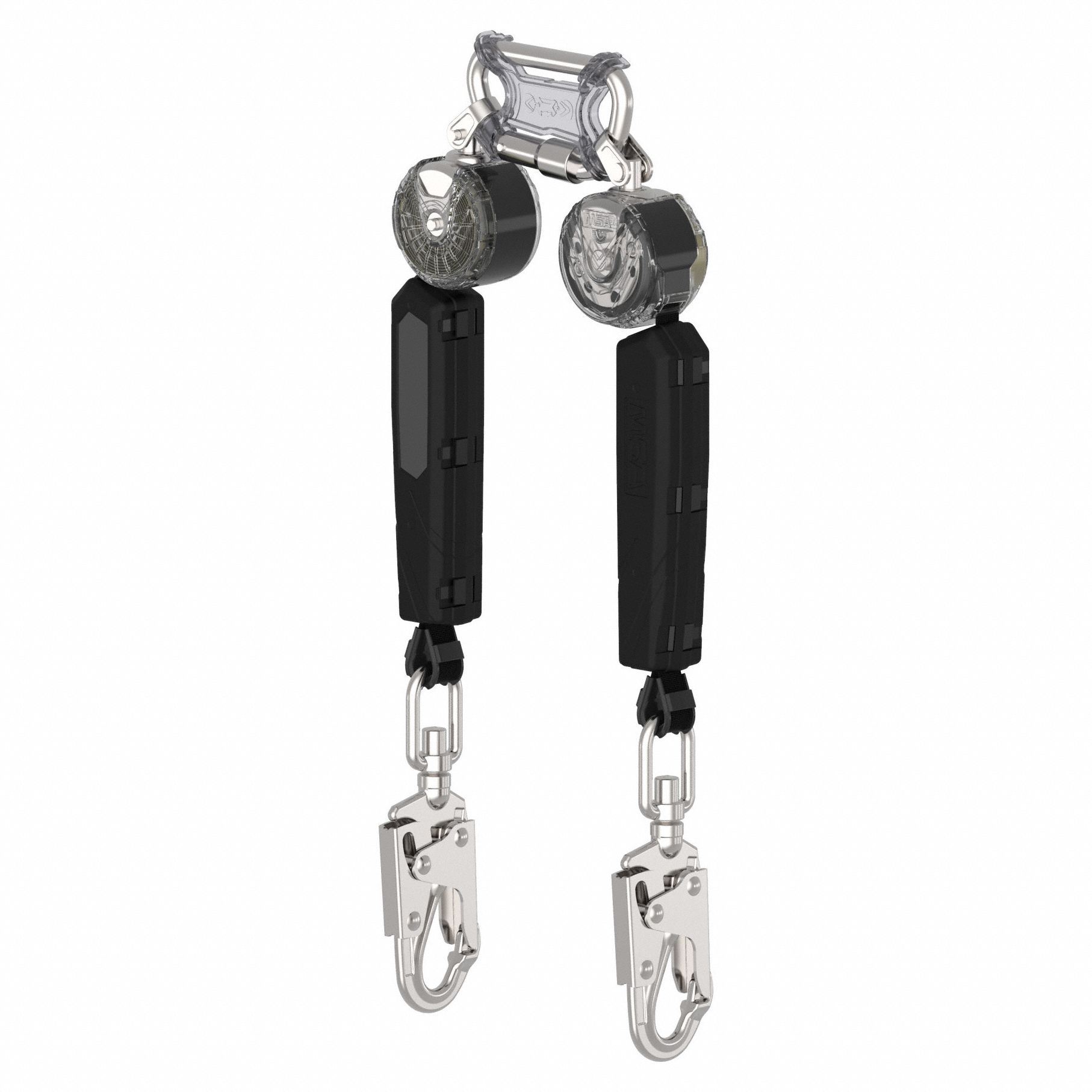 Self Retracing Lanyard: Steel Swivel Snap Hook Anchor, Harness Aluminum Carabiner, 2 legs