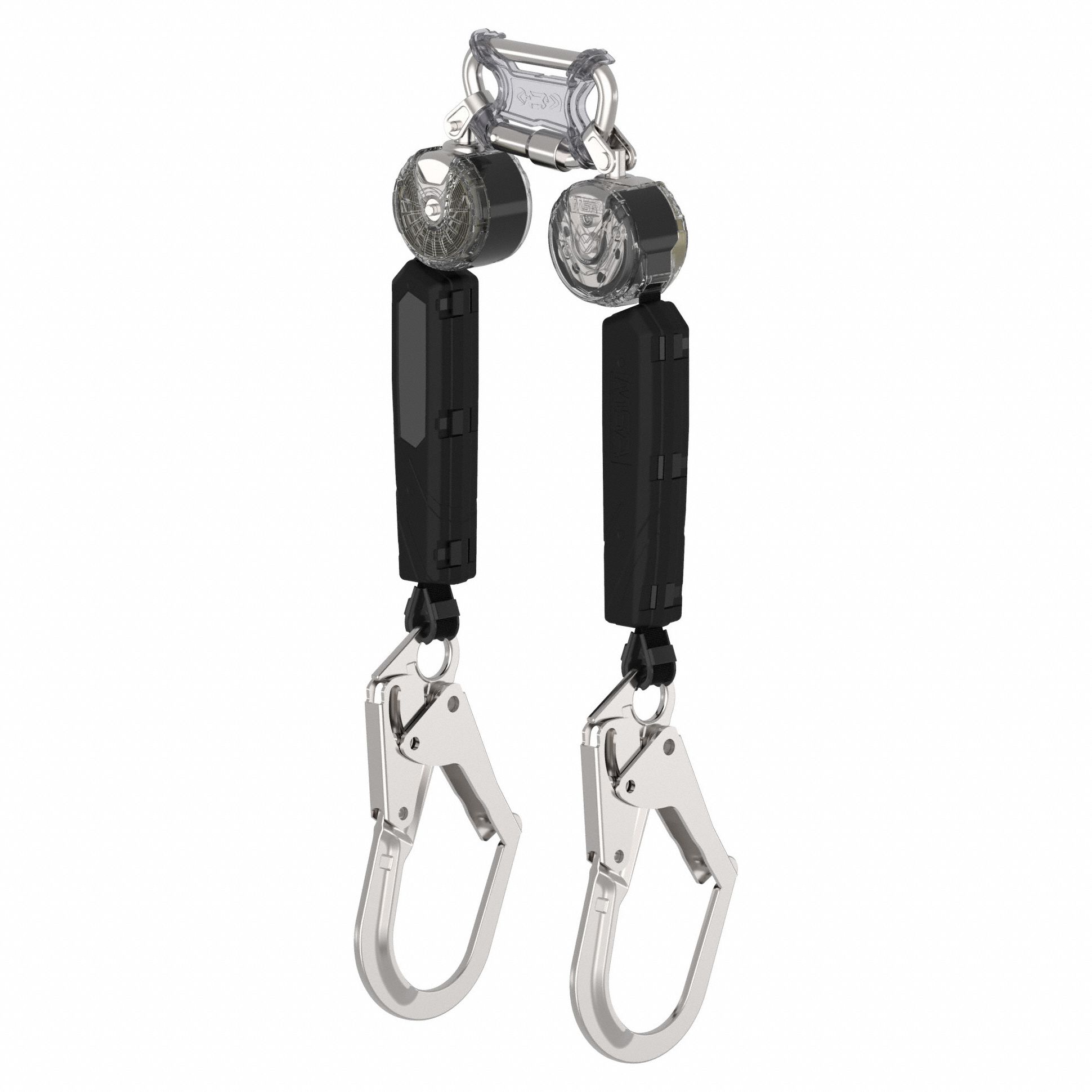 Self Retracing Lanyard: Steel Snap Hook Anchor, Harness Aluminum Carabiner, 2 legs, 6 ft Line
