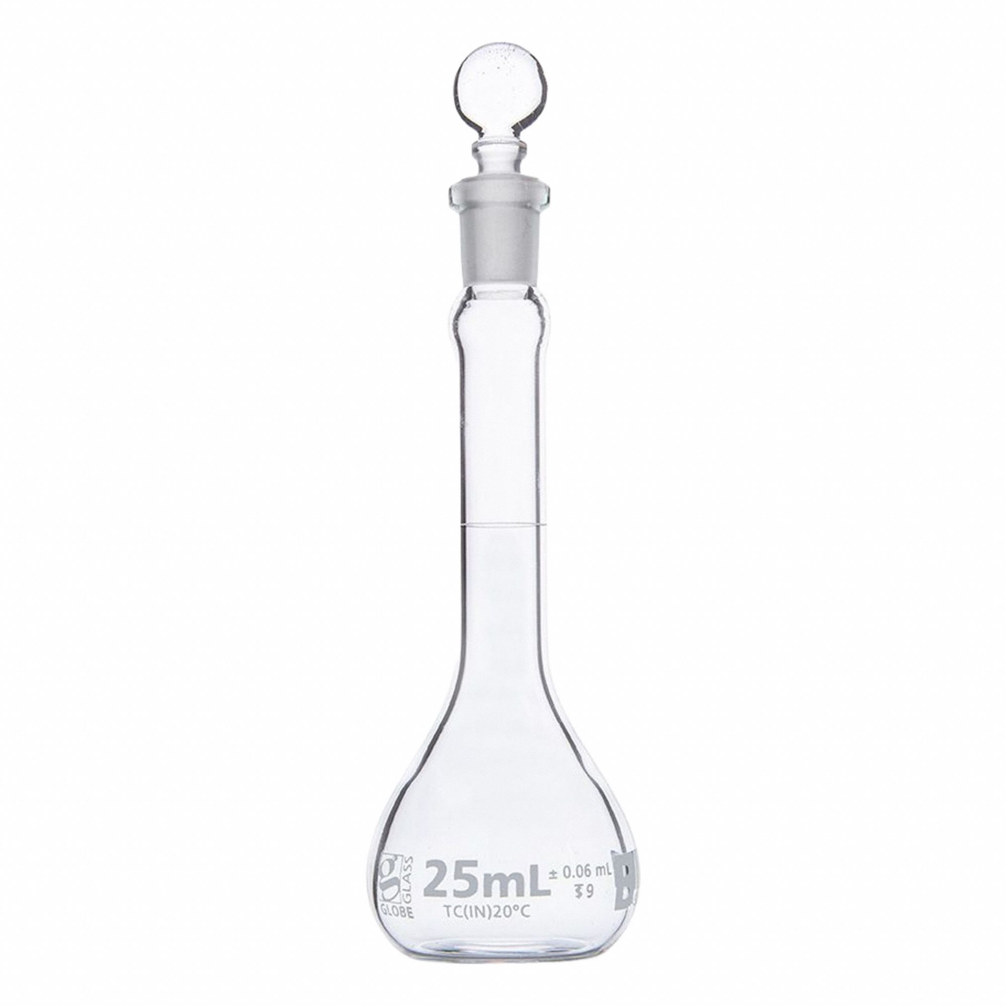 GLOBE SCIENTIFIC Glass Flasks: 25 mL, Colorless, B, 0.06 mL, Includes Closure, 11 mm Overall Ht (MPN 8250025). Key specifications — Tolerance: 0.06 mL; Body Color: Colorless; Brand: GLOBE SCIENTIFIC; Compatible with Stopper Size: 9; USP Specification: Type I.