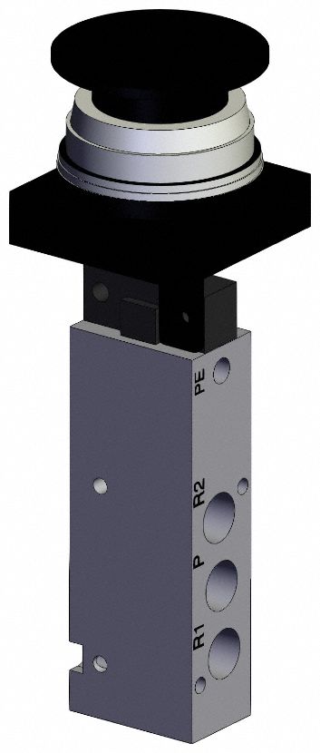 Shuttle Valve: VZM500 Series, Mushroom Button Actuator, 5 Ports, 1/8 in BSPT, Black Actuator