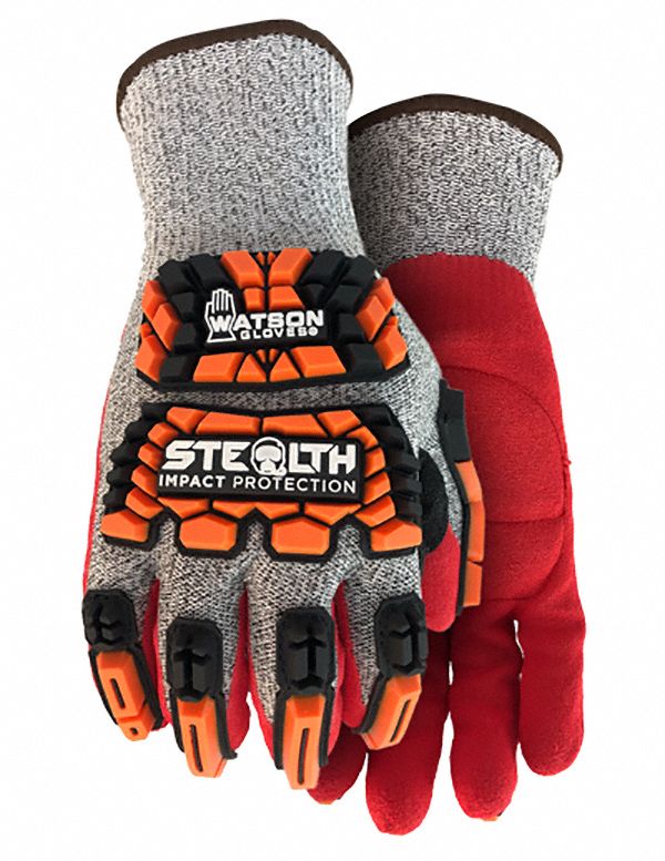 GANTS,RÉSISTANTS AUX COUPURES/COUPE AMÉRICAINE/ENDUCTION AUX 3/4,PETITE/7,10PO L,GRIS/ROUGE,NITRILE