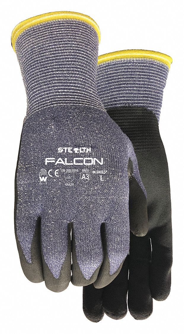 GLOVES, ABRASION-RESISTANT, CLUTE, SIZE LARGE/9, 10 IN L, BLACK/GREY, NITRILE