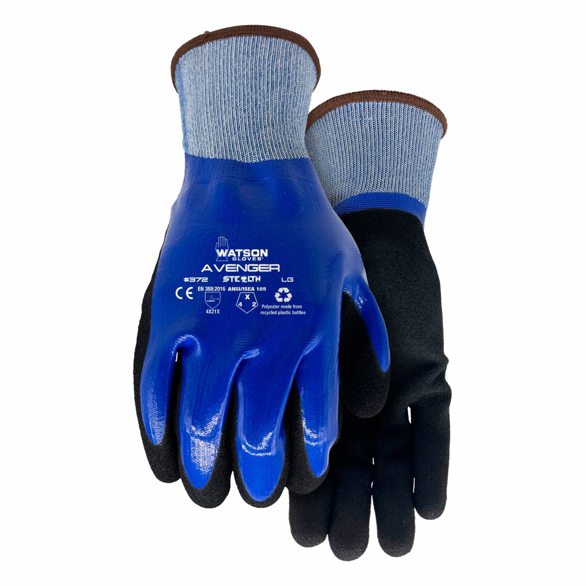 GLOVES, COATED, PALM/FING, SANDY FINISH, L, BLUE/BLACK, NITRILE