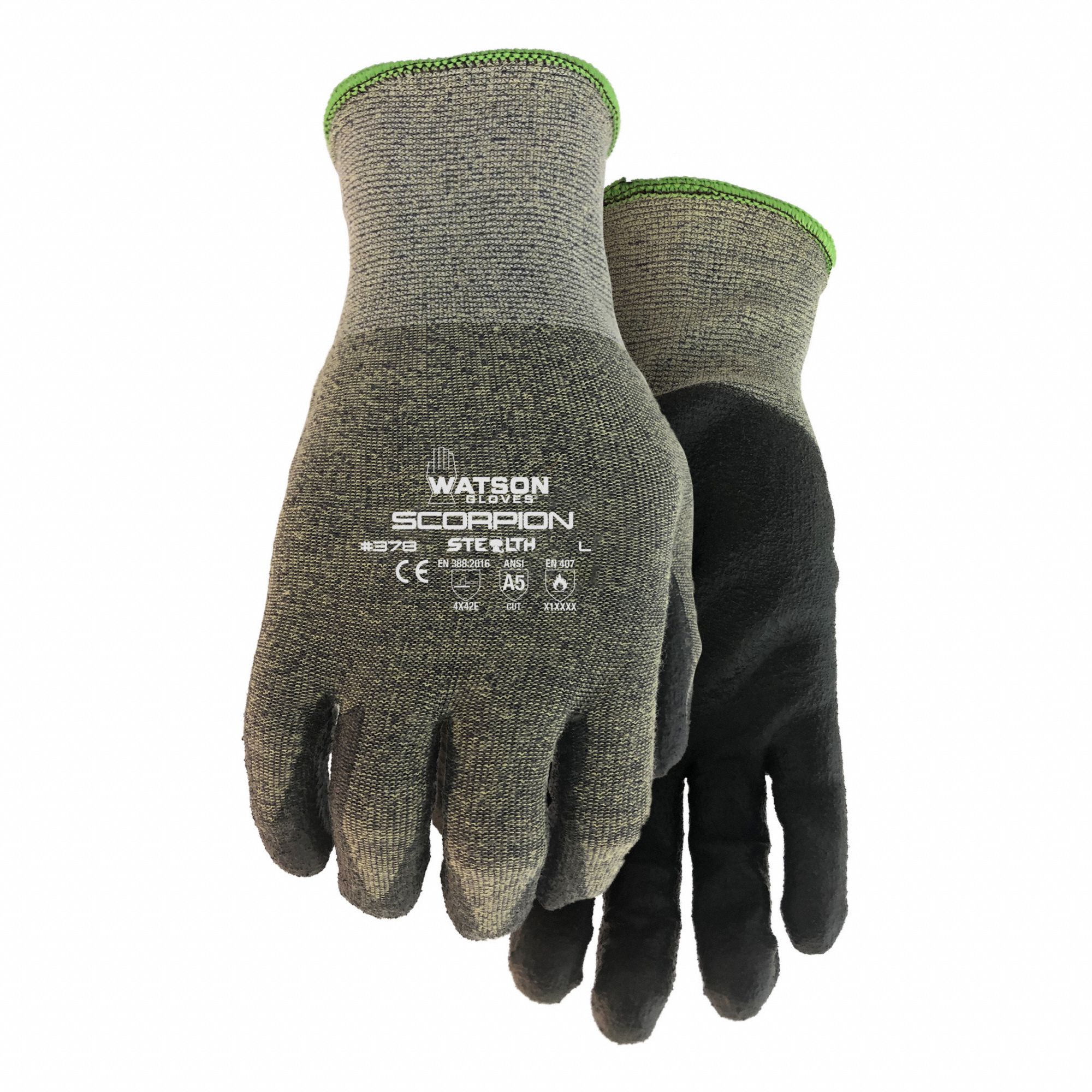 GLOVES, ABRASION-RESISTANT/CLUTE, SIZE LARGE/9/9 IN L, GREEN/BLACK, POLYURETHANE